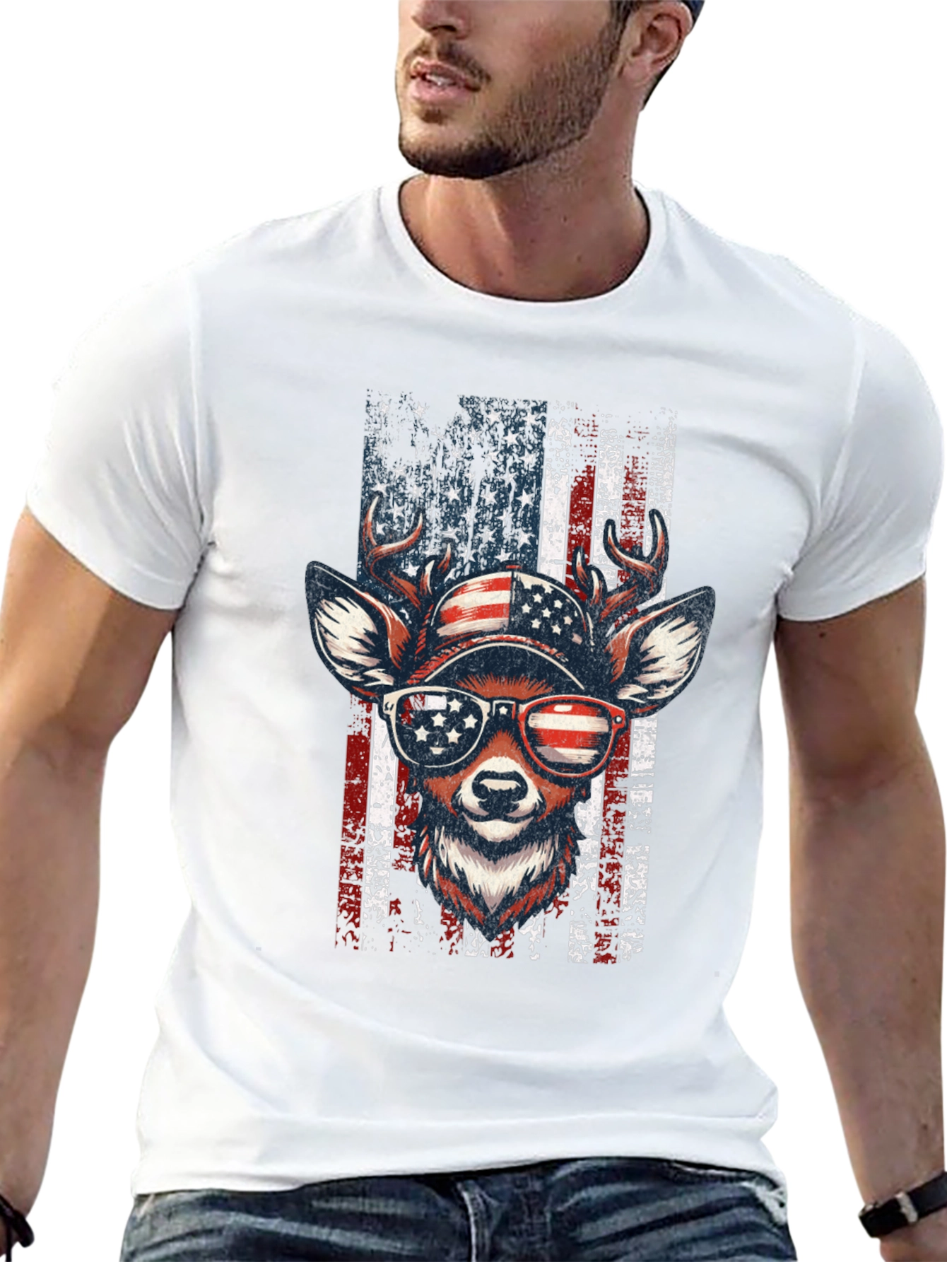 Patriotic Deer USA Flag Graphic T-Shirt