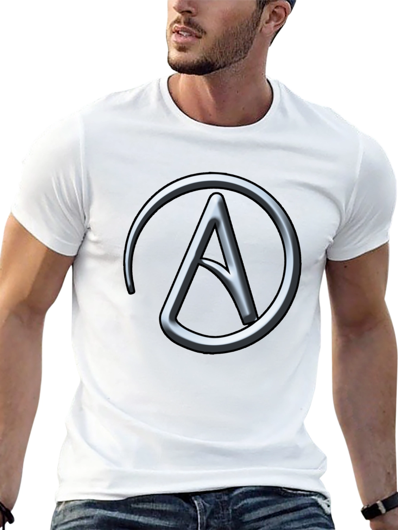 Silver Athiest Symbol on Black T-Shirt