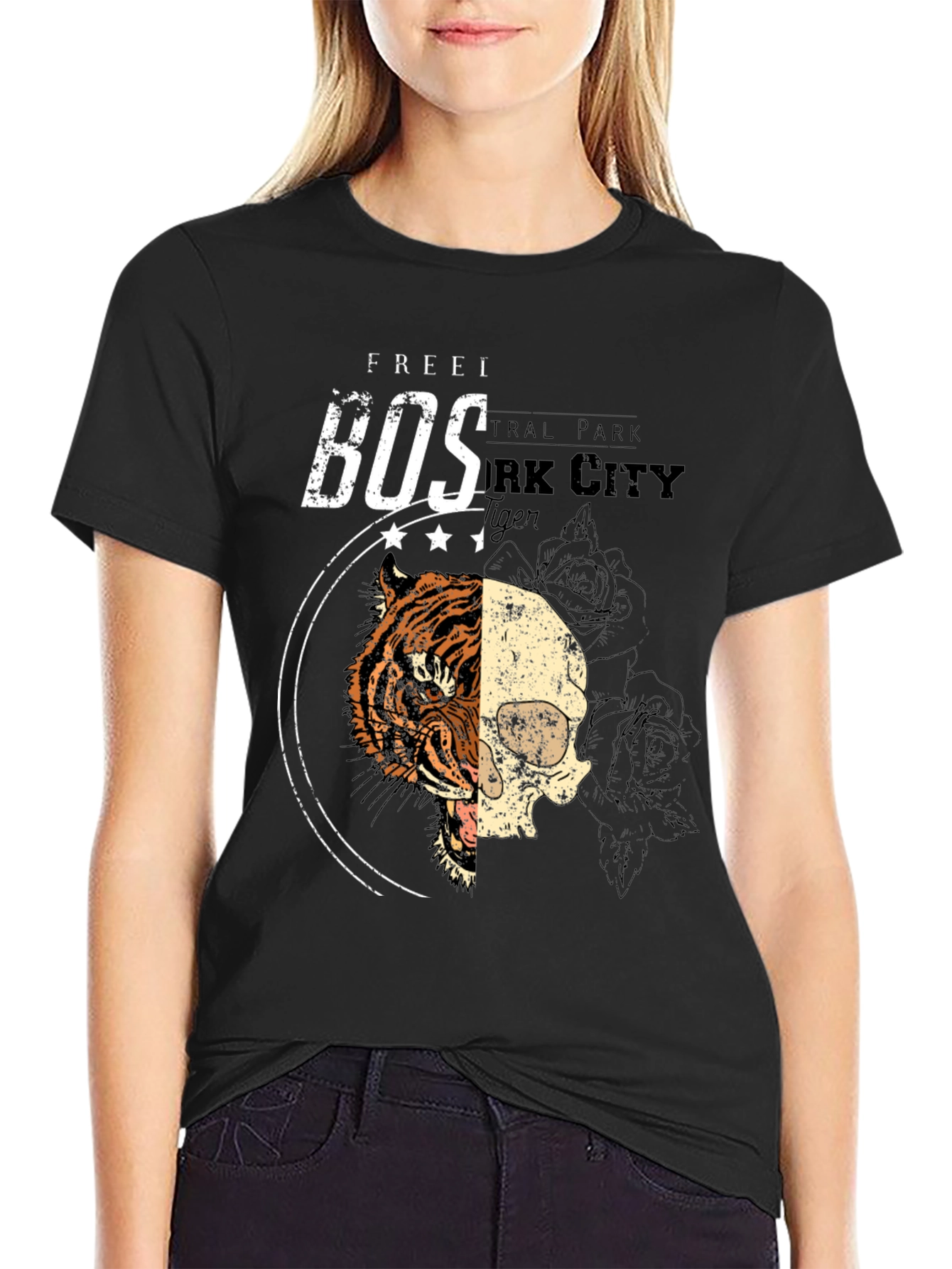 Tiger Skull Graphic Print Black T-Shirt