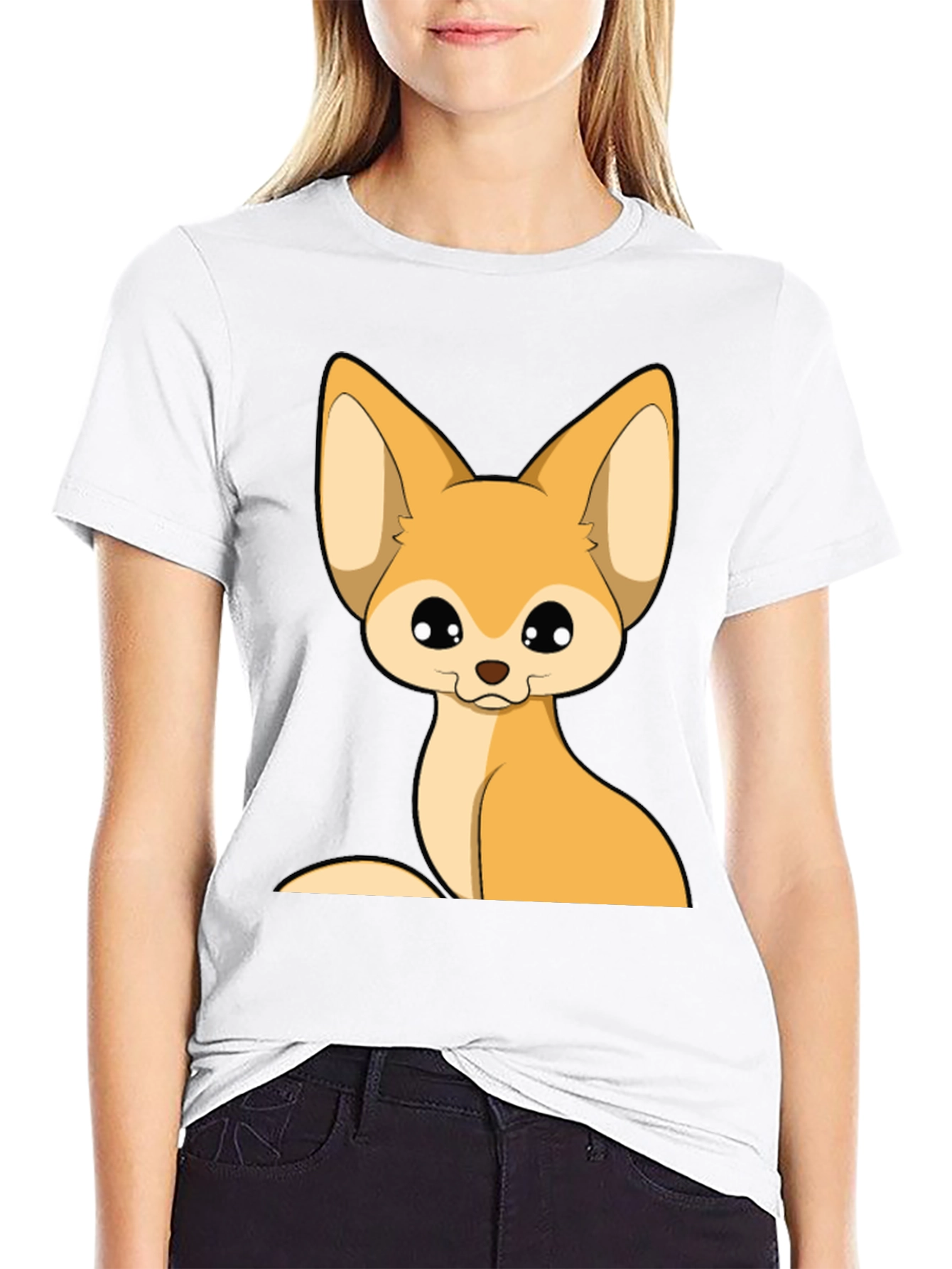 Cute Fennec Fox Graphic Tee - Black Cotton T-Shirt