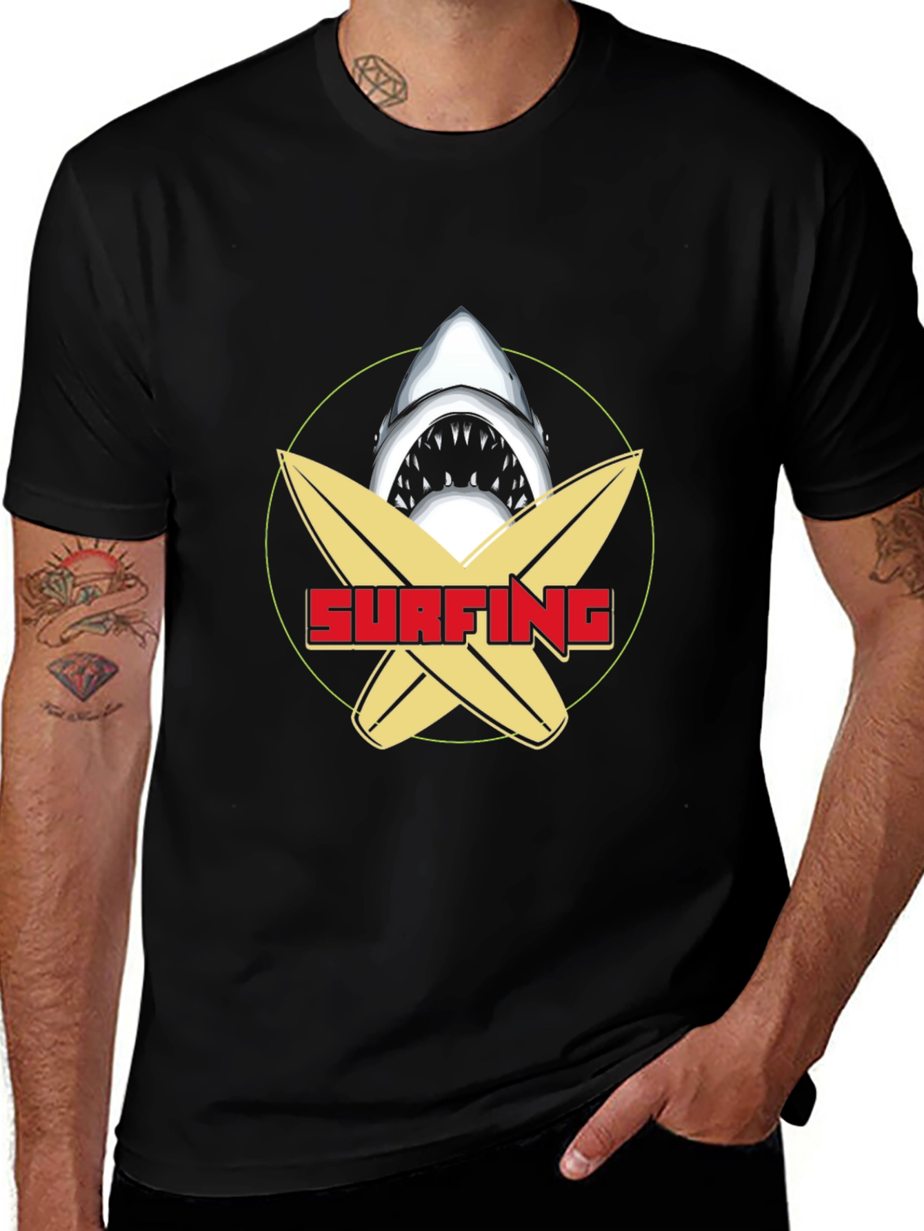 Surfing Shark Graphic Tee - Black Cotton T-Shirt