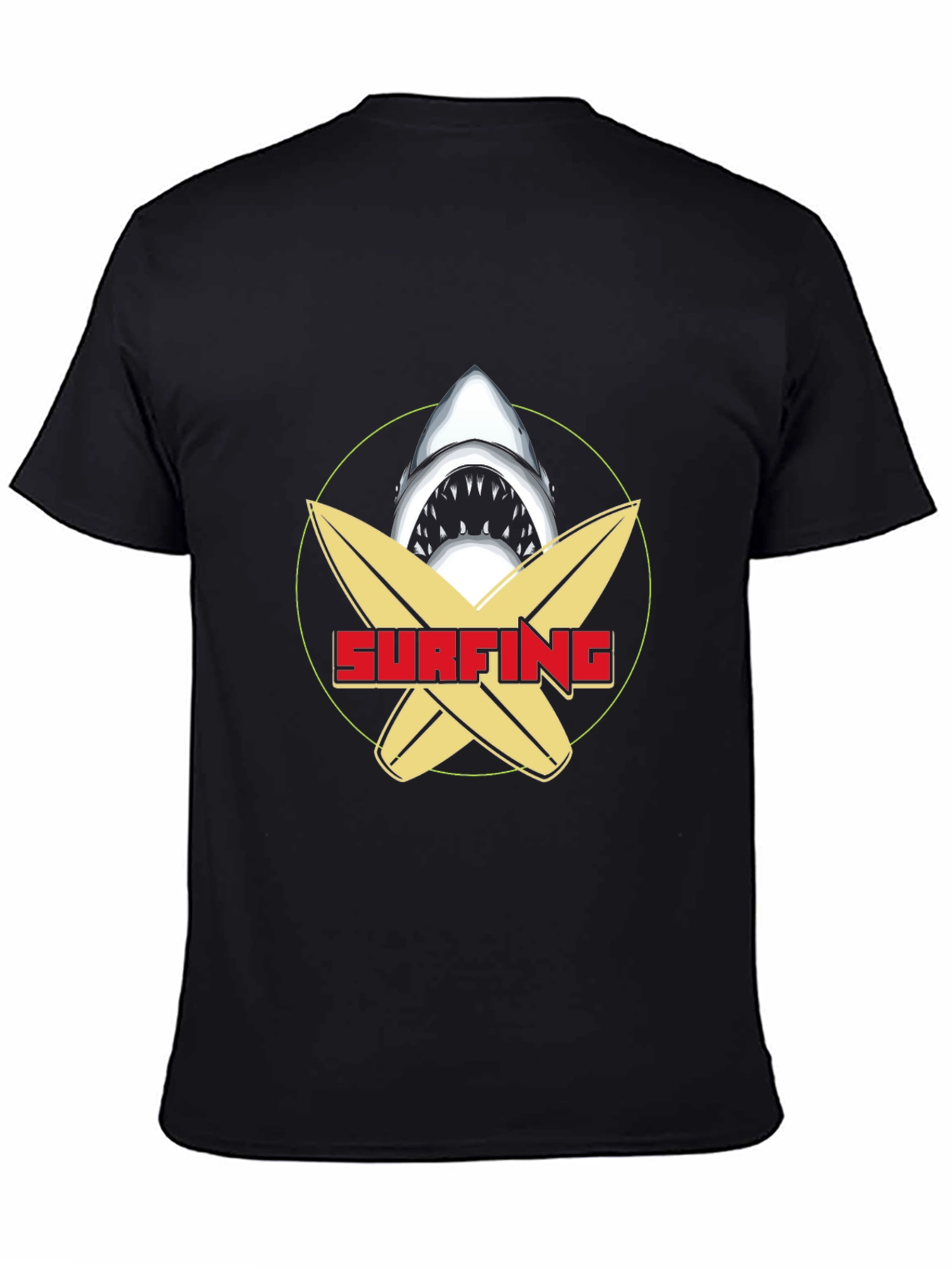 Surfing Shark Graphic Tee - Black Cotton T-Shirt