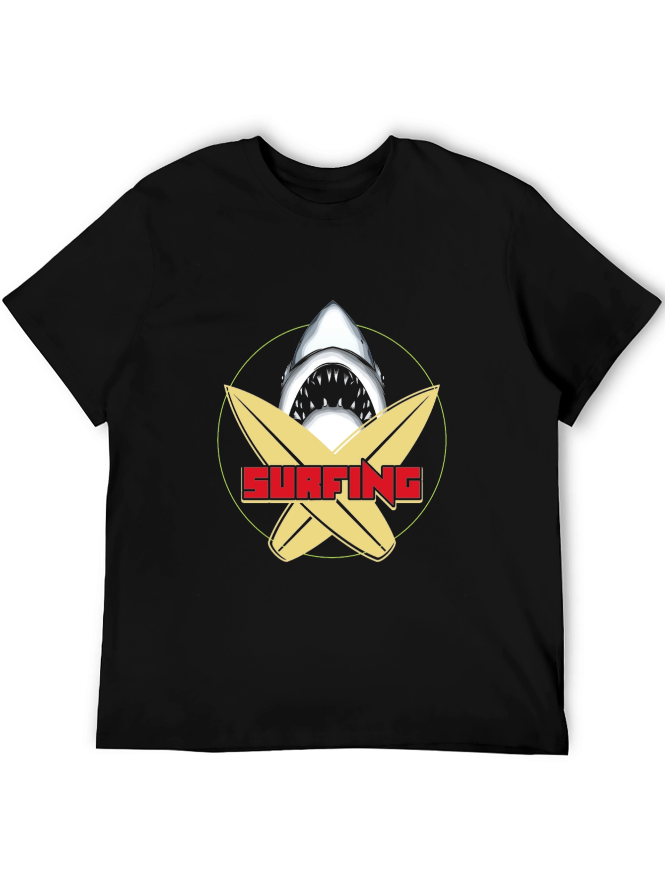 Surfing Shark Graphic Tee - Black Cotton T-Shirt