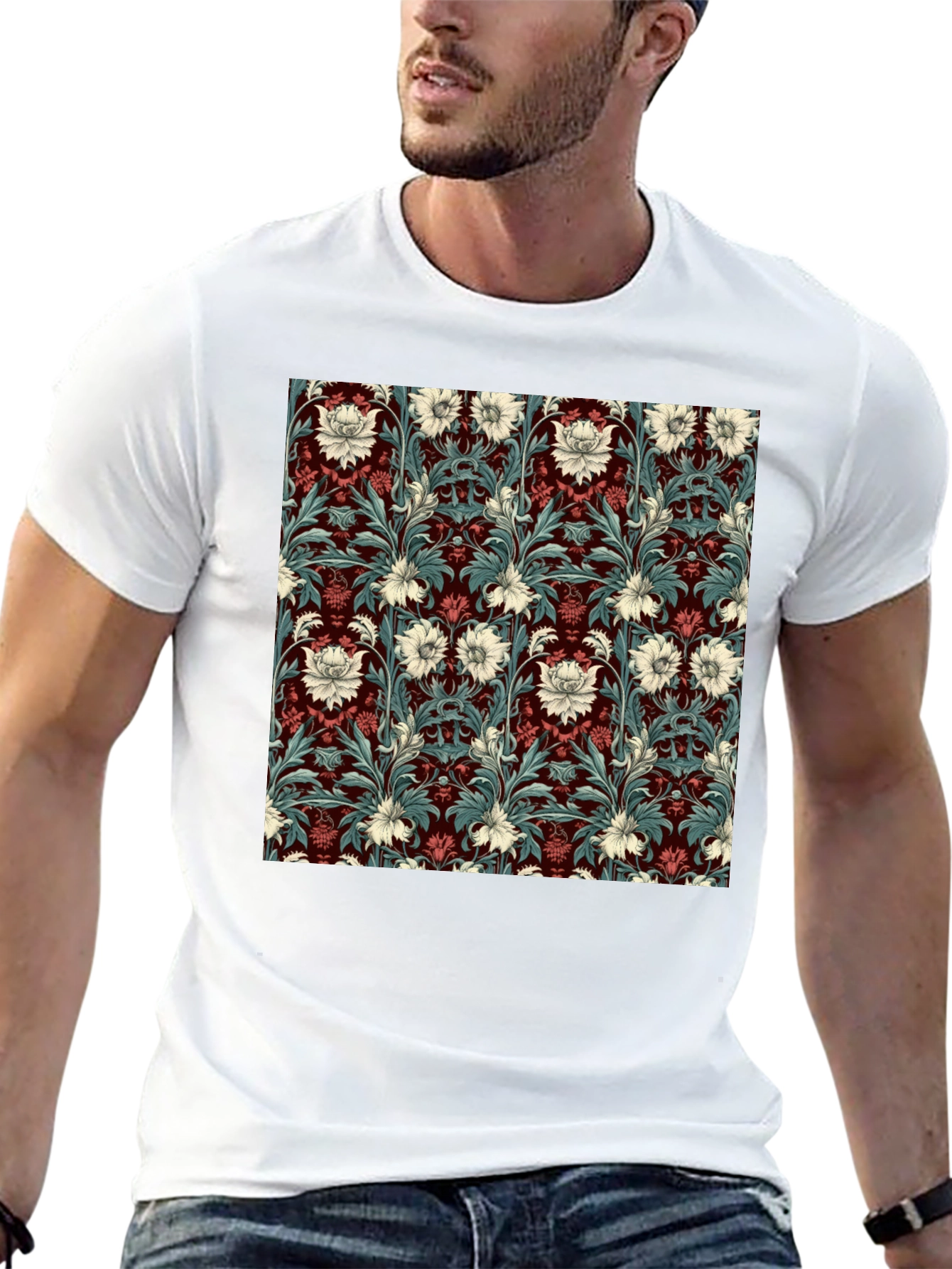 Floral Pattern T-Shirt Red & White Botanical Design