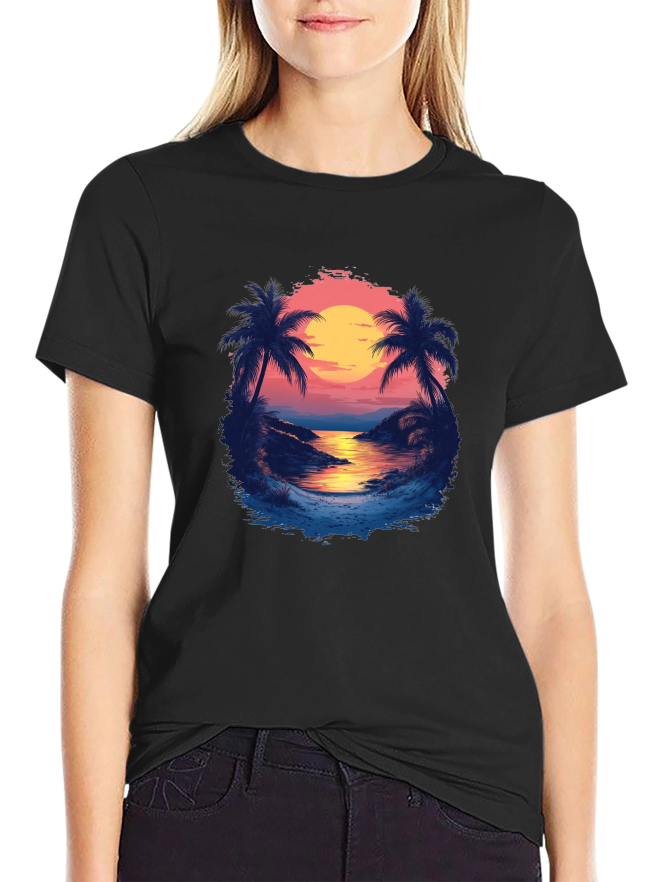 Tropical Sunset Graphic Tee - Black Cotton Comfort