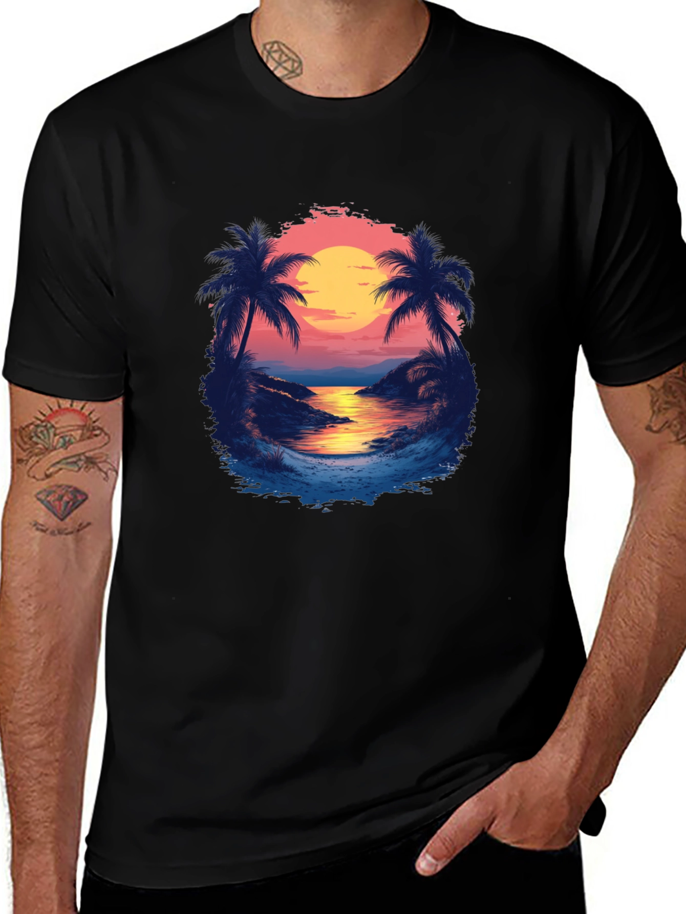 Tropical Sunset Graphic Tee - Black Cotton Comfort