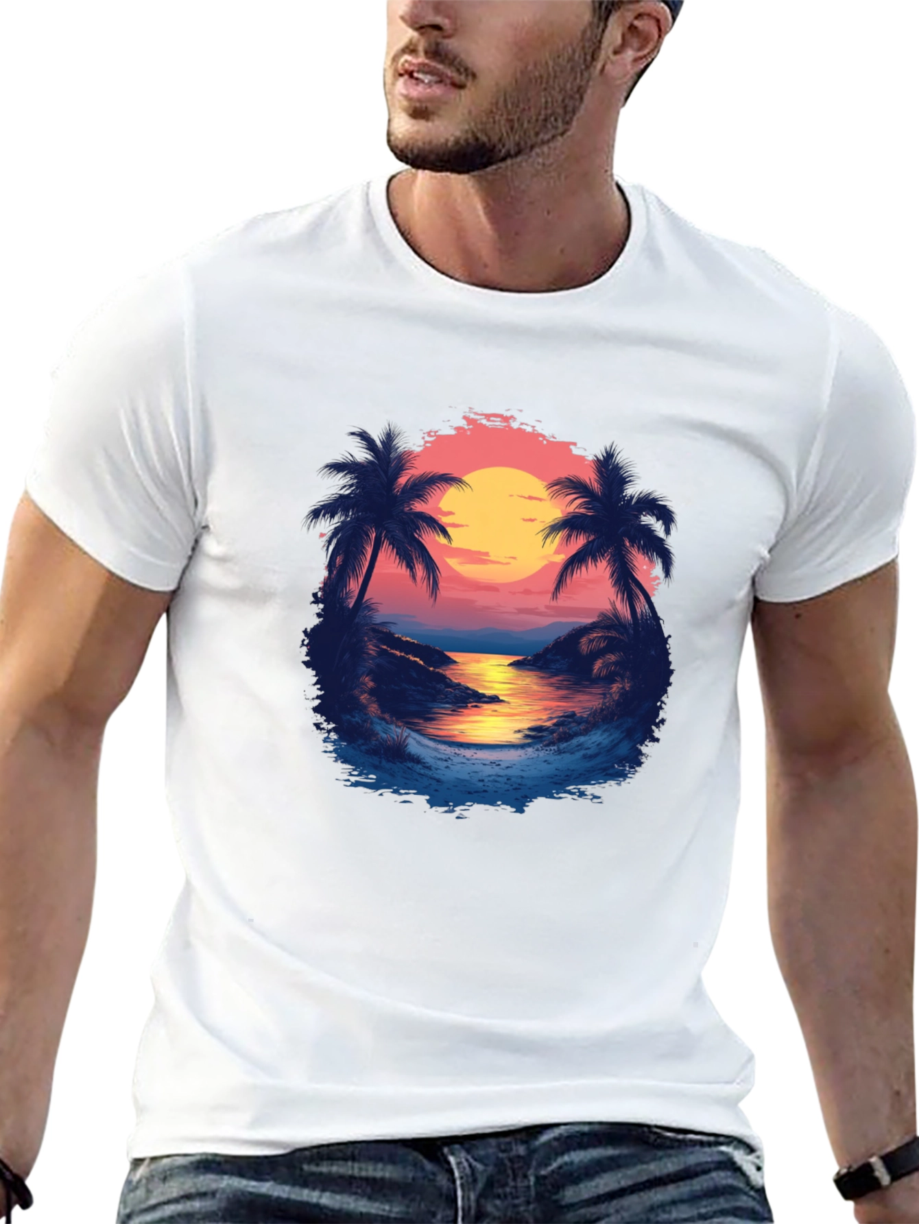 Tropical Sunset Graphic Tee - Black Cotton Comfort