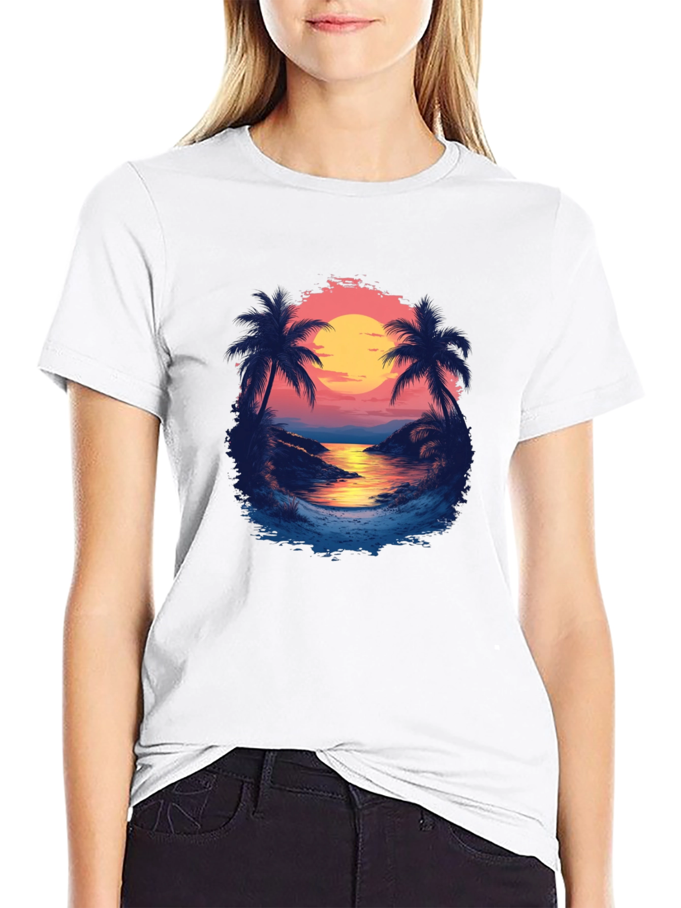 Tropical Sunset Graphic Tee - Black Cotton Comfort