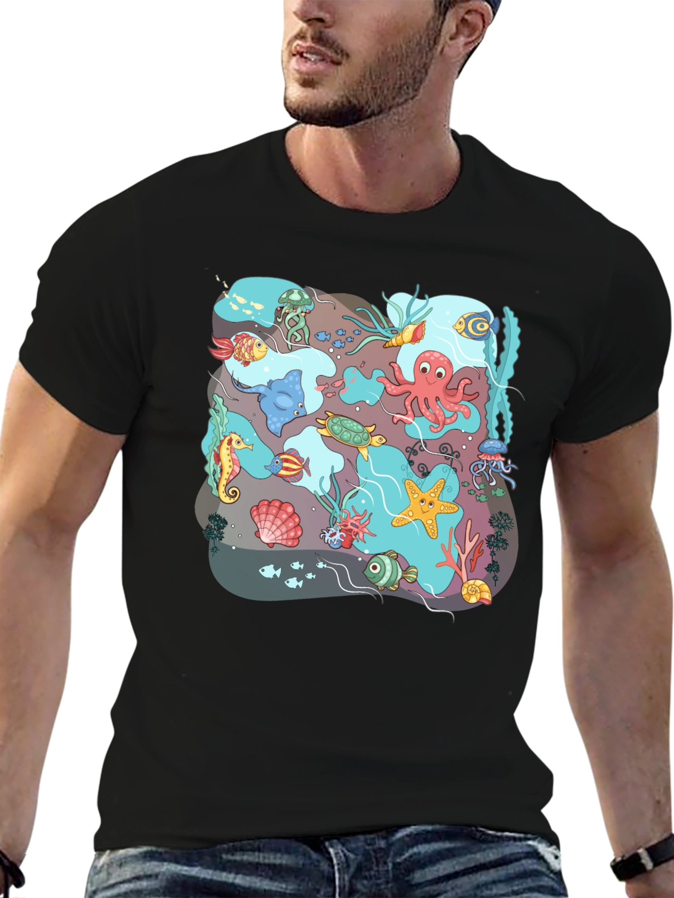 Ocean Life Graphic T-Shirt - Black Cotton Tee