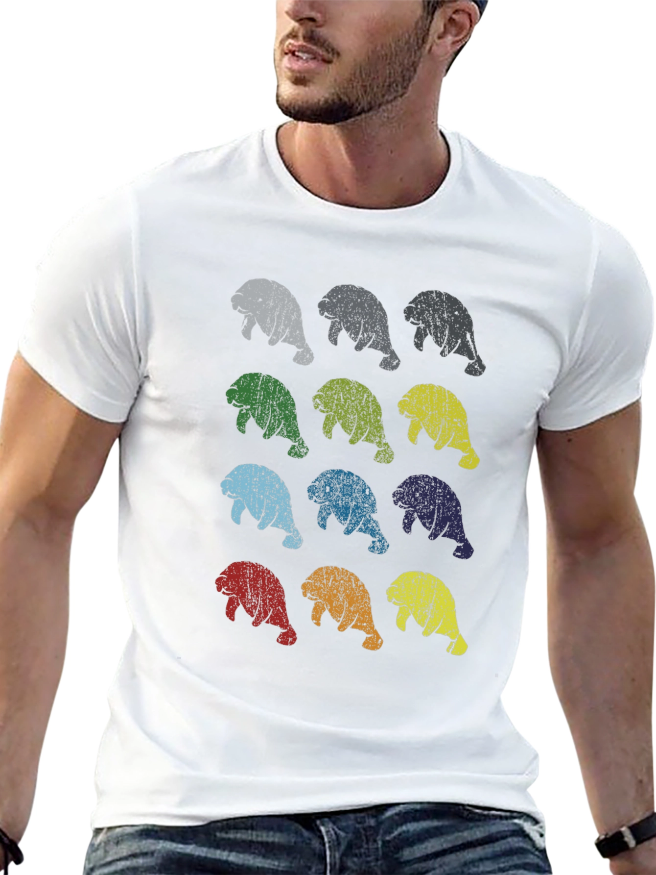 Retro Manatee Print Crew Neck T-Shirt
