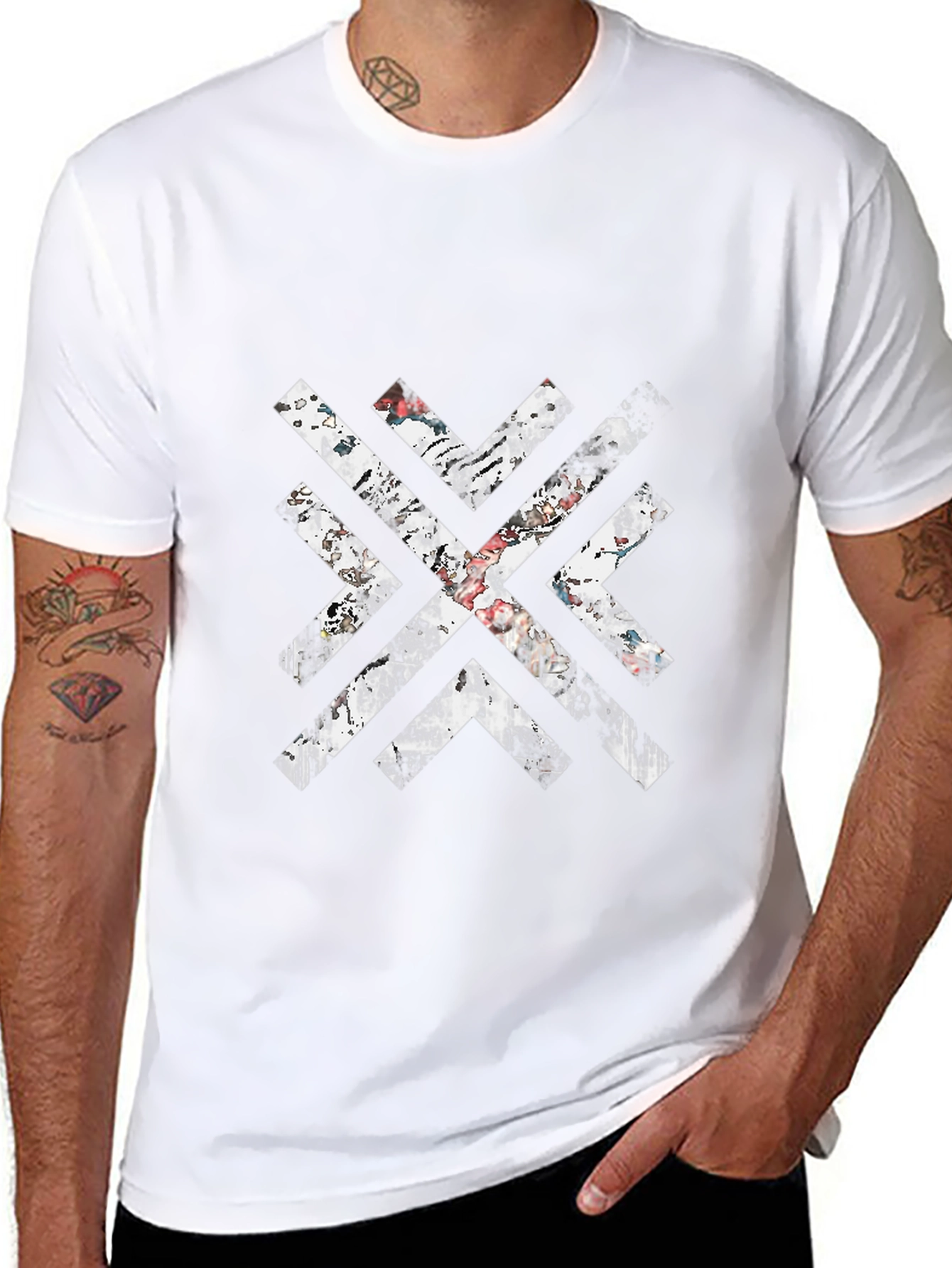 Mens Black Graphic Tee - Distressed Geometric