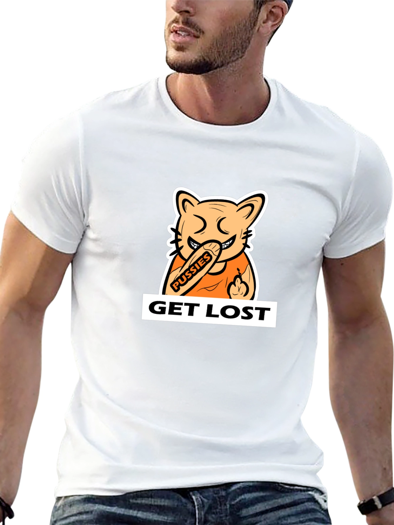 Black T-Shirt with Cartoon Cat Graphic