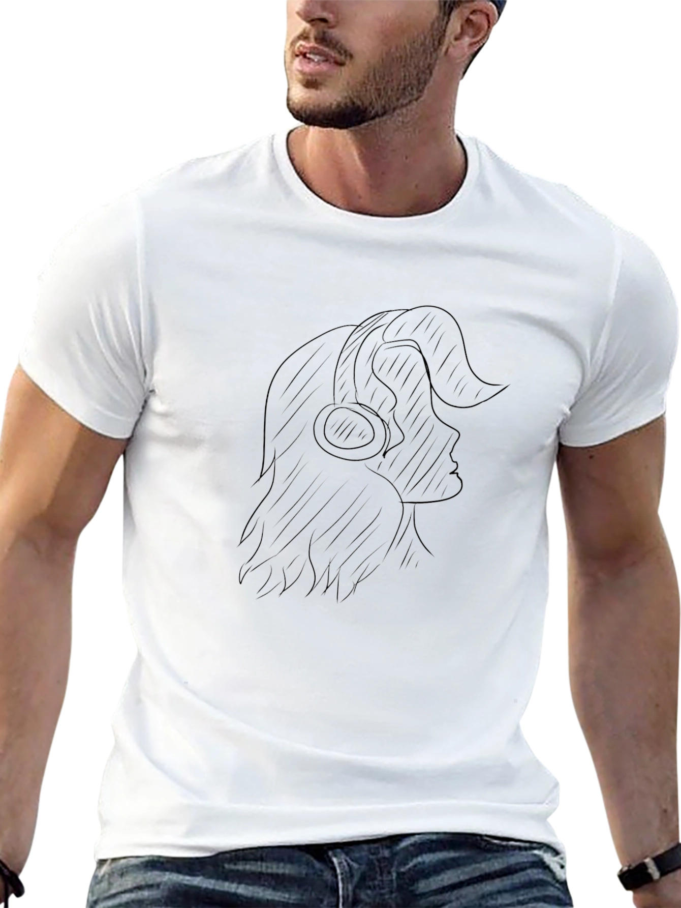 Black Graphic Tee - Woman with Headphones