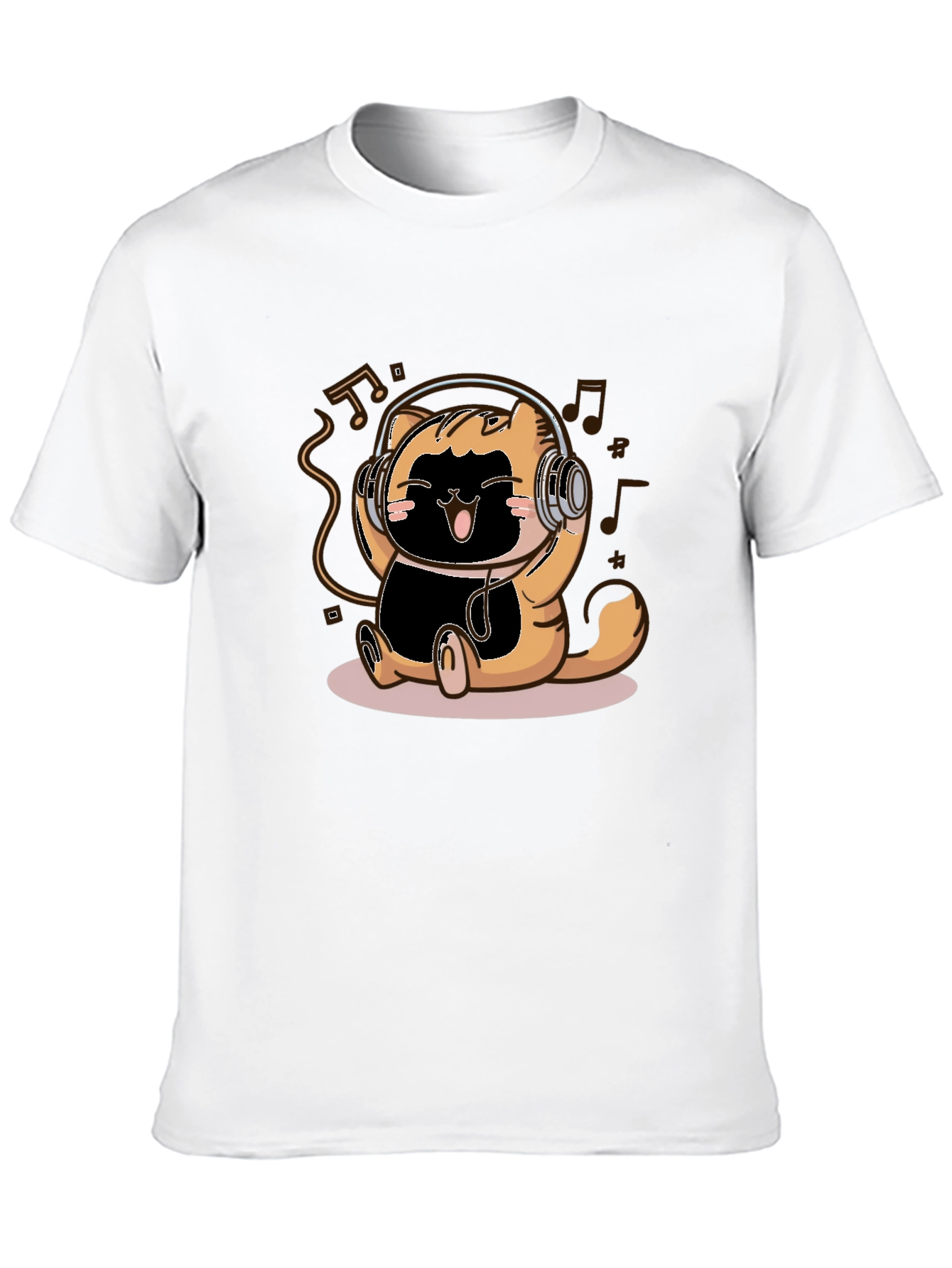 Cute Cartoon Cat Headphones Black T-Shirt