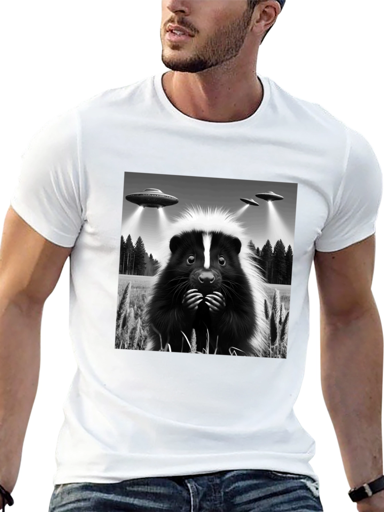 Skunk Alien Abduction Graphic Tee - Black Cotton