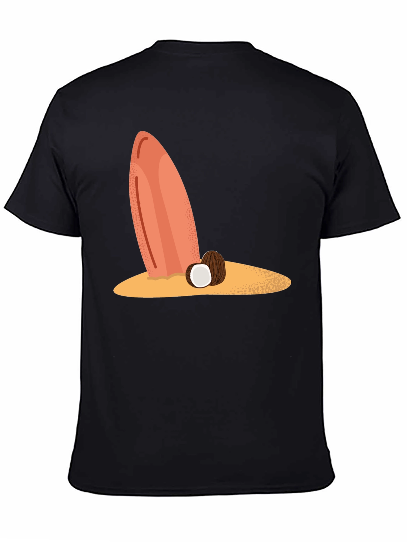 Surfboard & Coconut Black Tee - Tropical Beach Vibes