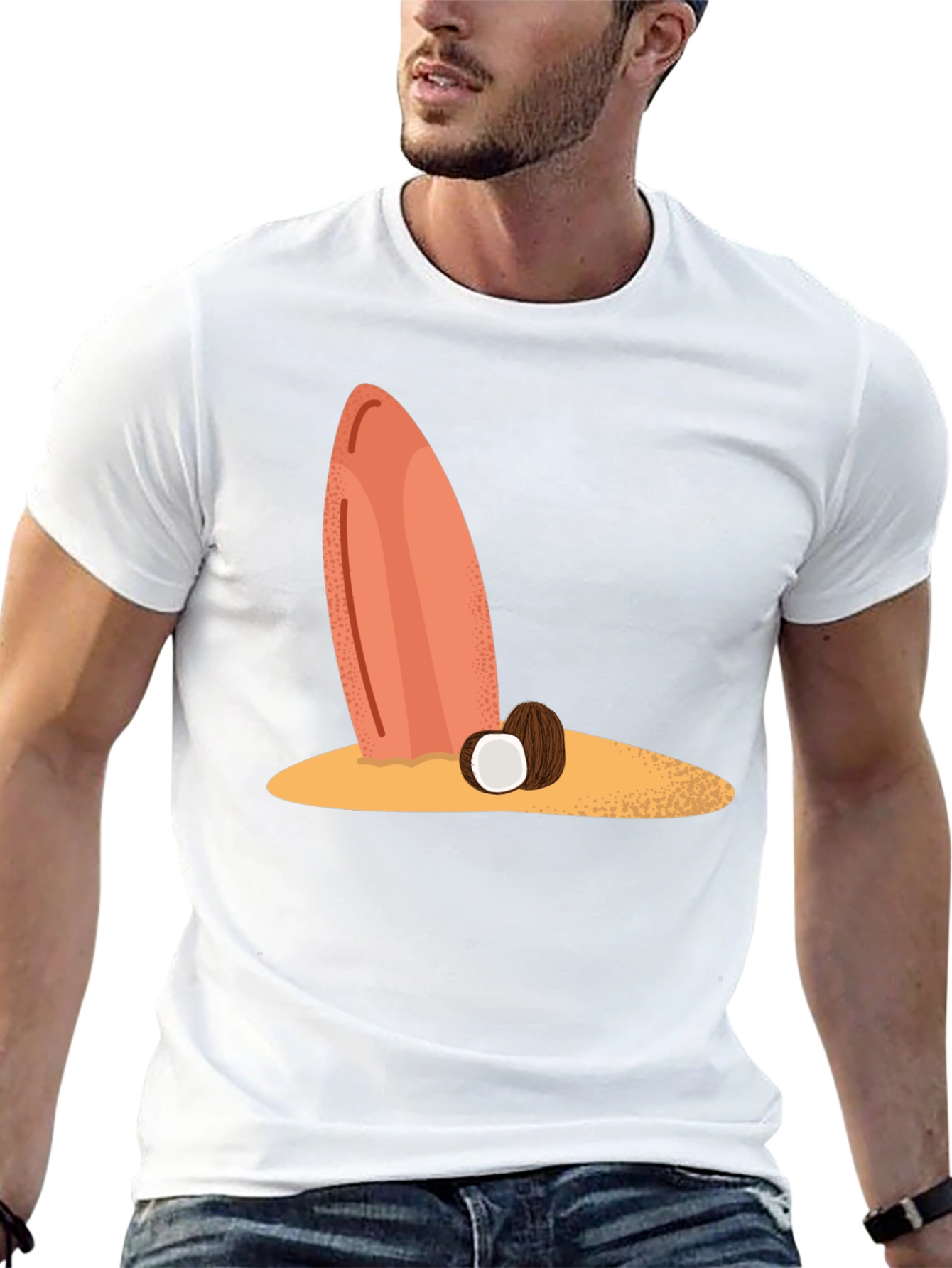 Surfboard & Coconut Black Tee - Tropical Beach Vibes