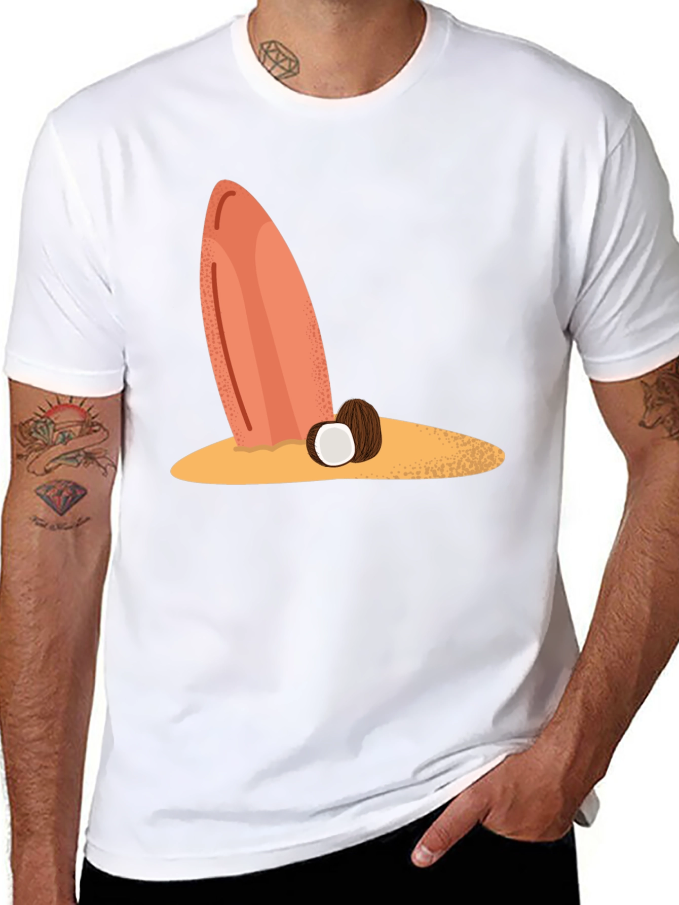Surfboard & Coconut Black Tee - Tropical Beach Vibes