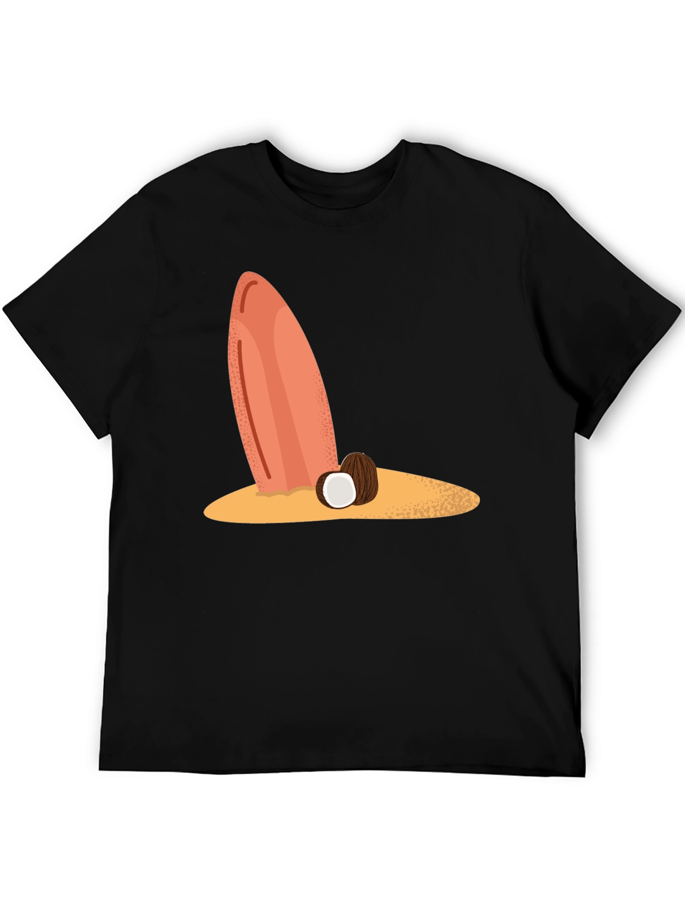 Surfboard & Coconut Black Tee - Tropical Beach Vibes