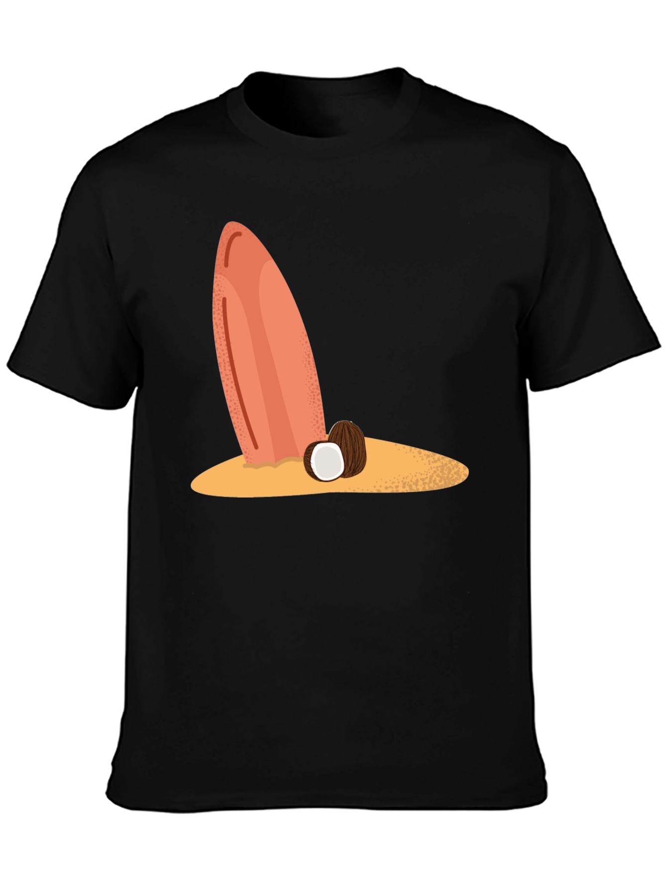 Surfboard & Coconut Black Tee - Tropical Beach Vibes