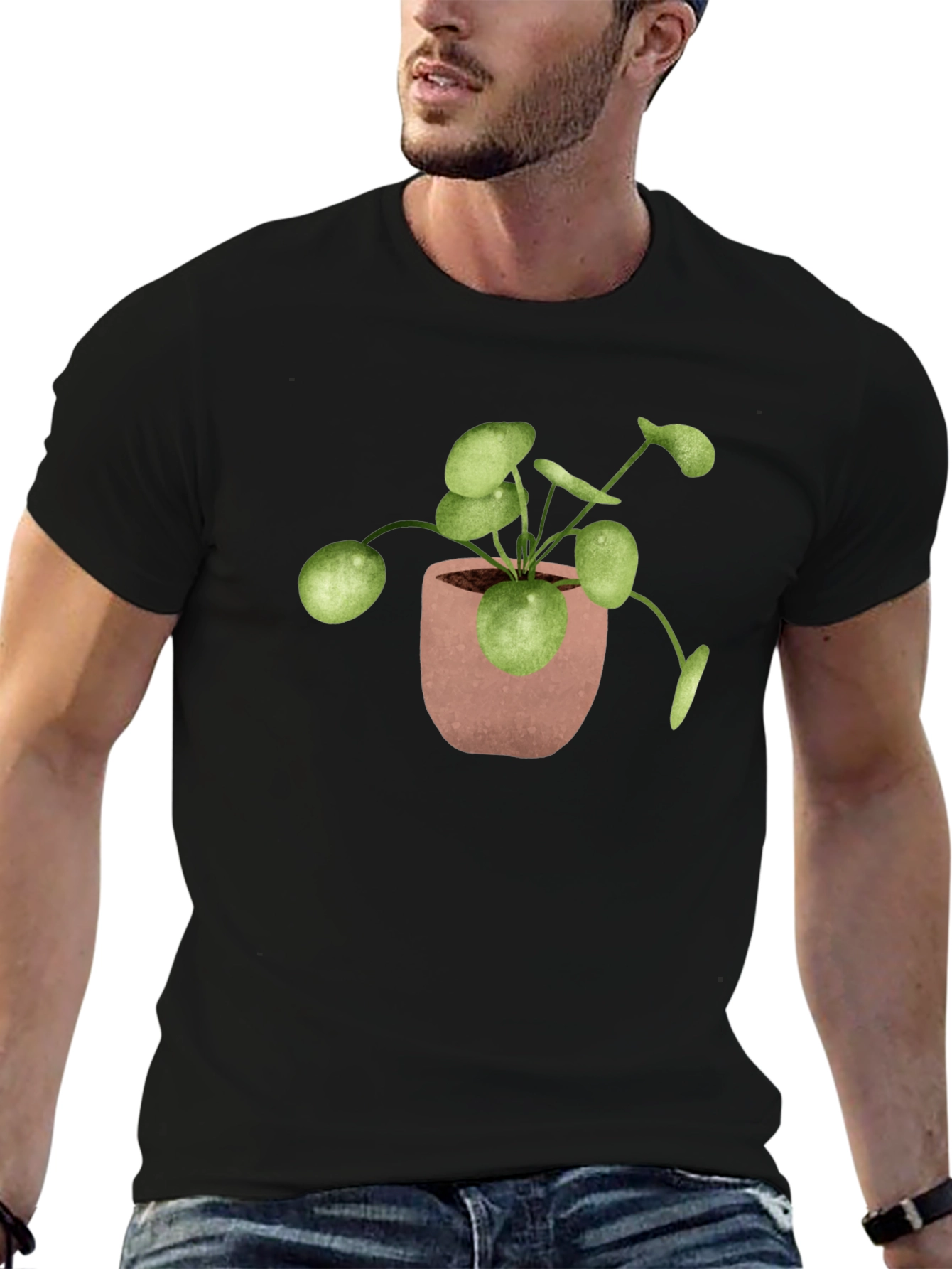 Pilea Plant T-Shirt - Black Cotton Tee