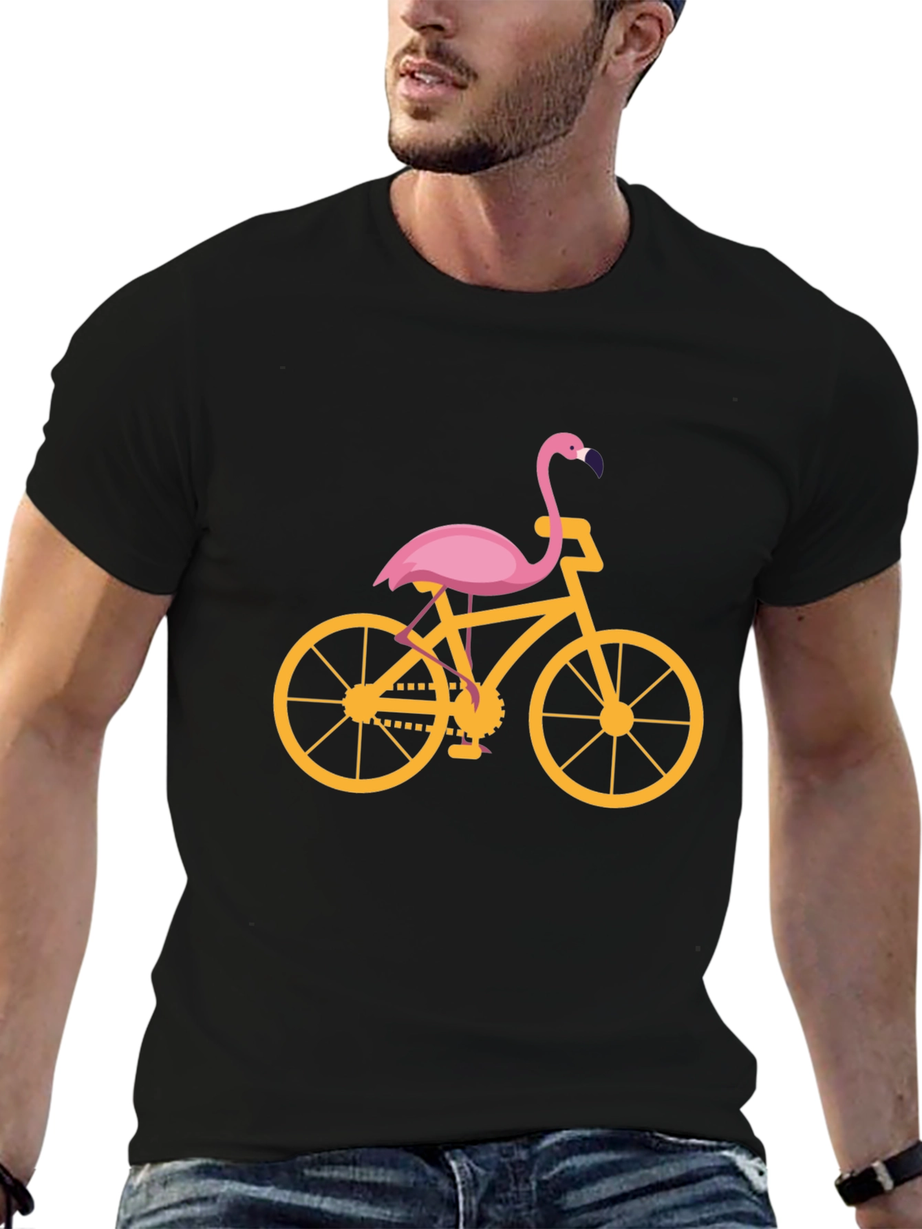 Flamingo Bicycle Graphic Tee - Black Cotton T-Shirt