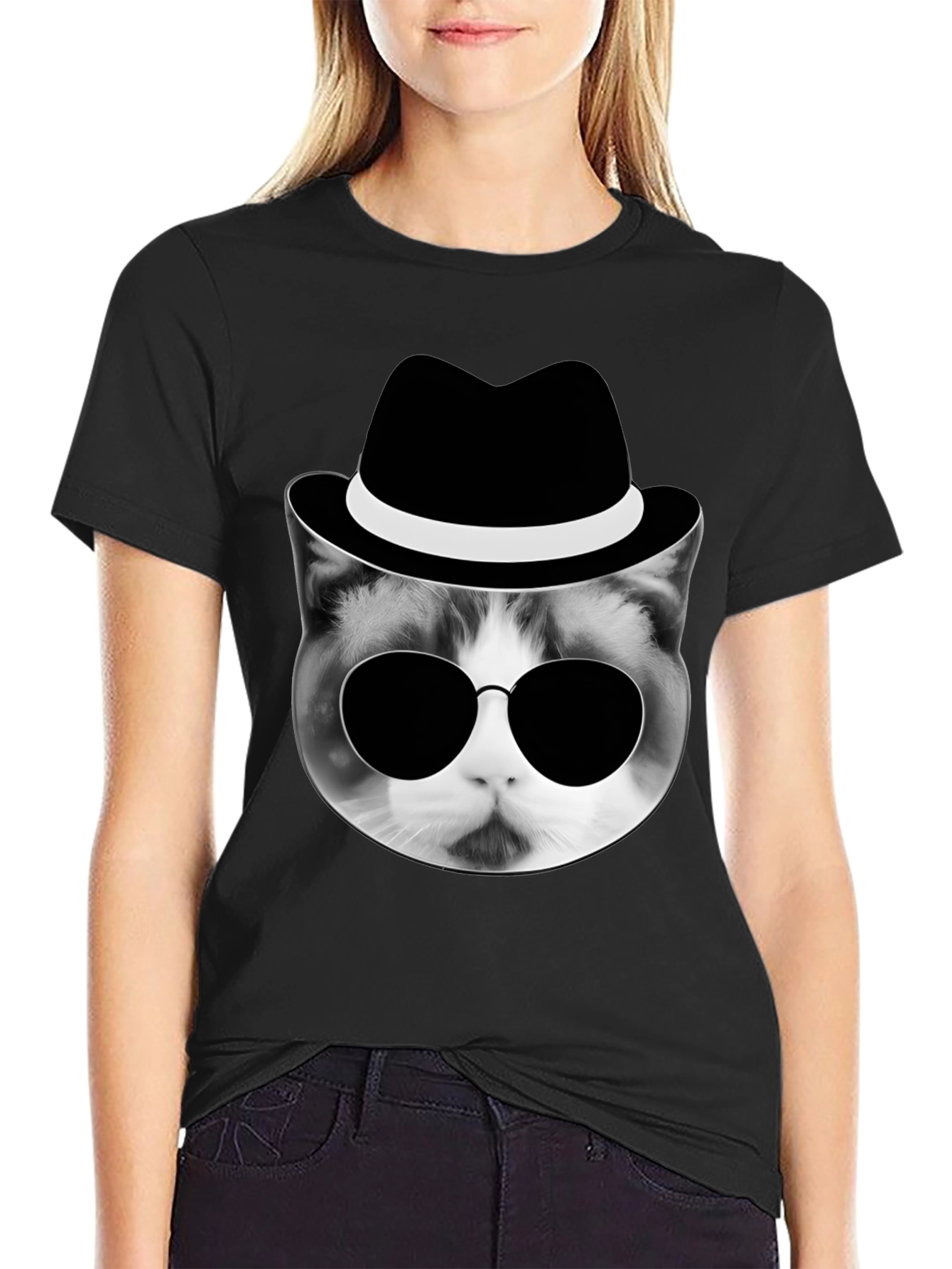 Cool Cat in Hat Graphic T-Shirt