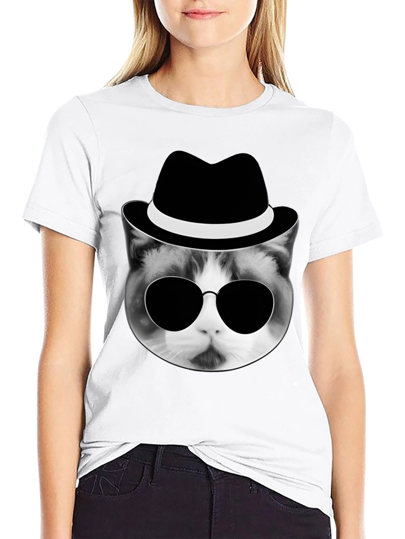 Cool Cat in Hat Graphic T-Shirt
