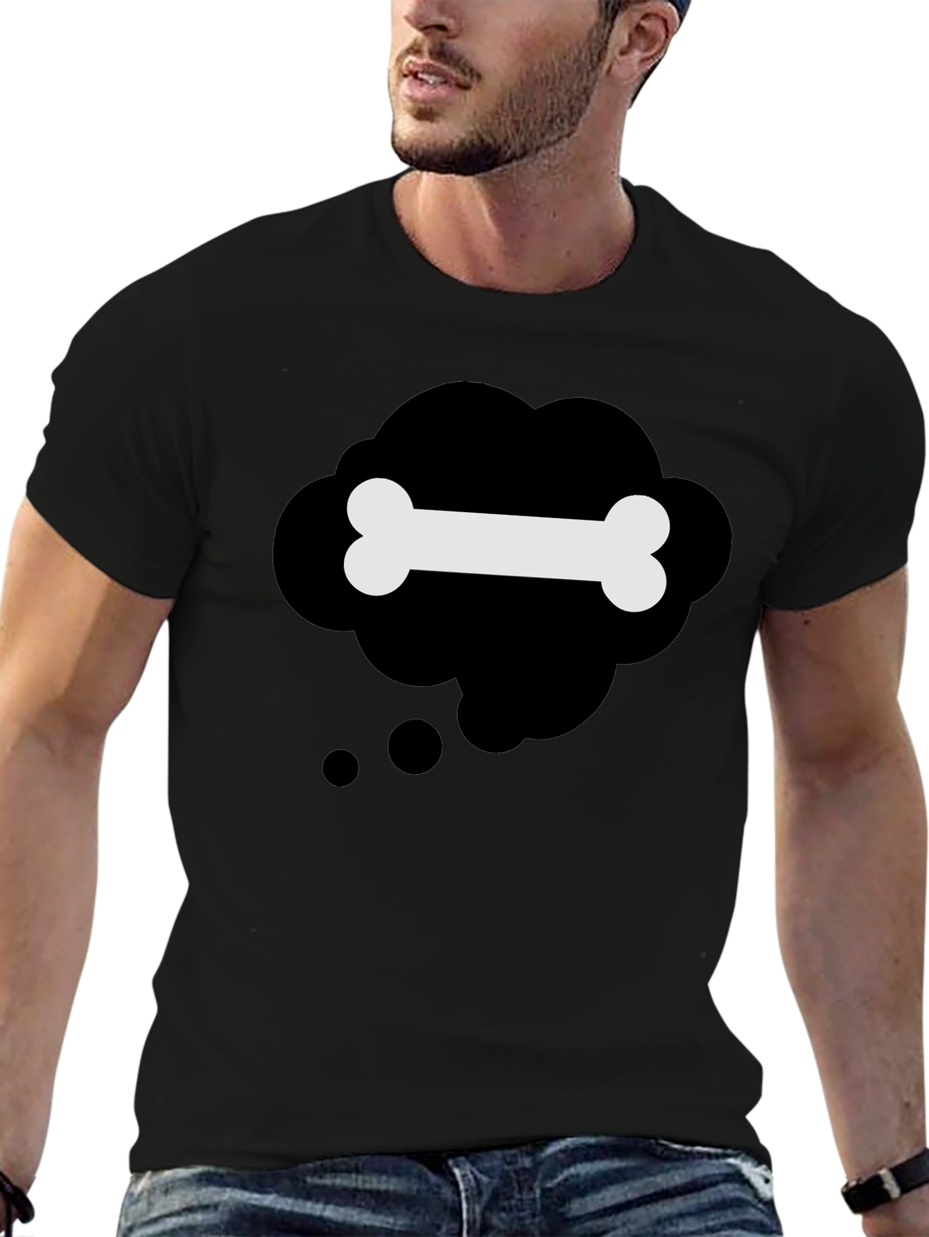 Black T-Shirt with Bone Thought Bubble Design