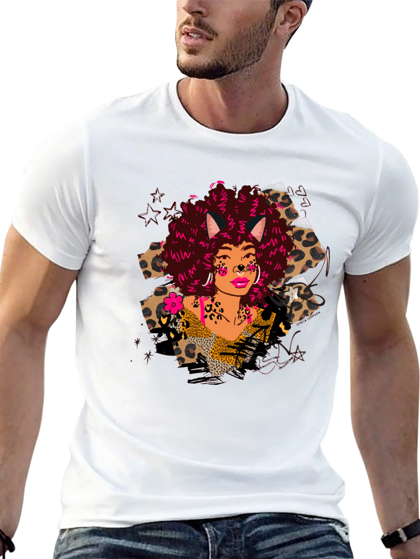 Leopard Print T-Shirt with Afro Cat Lady Design