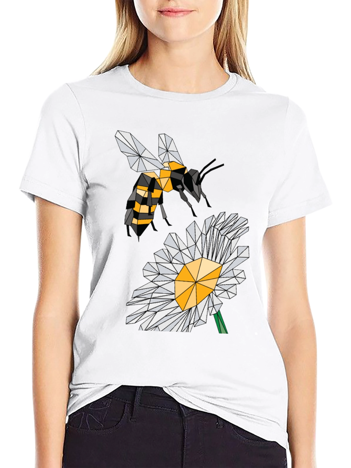 Geometric Bee & Daisy Black T-Shirt