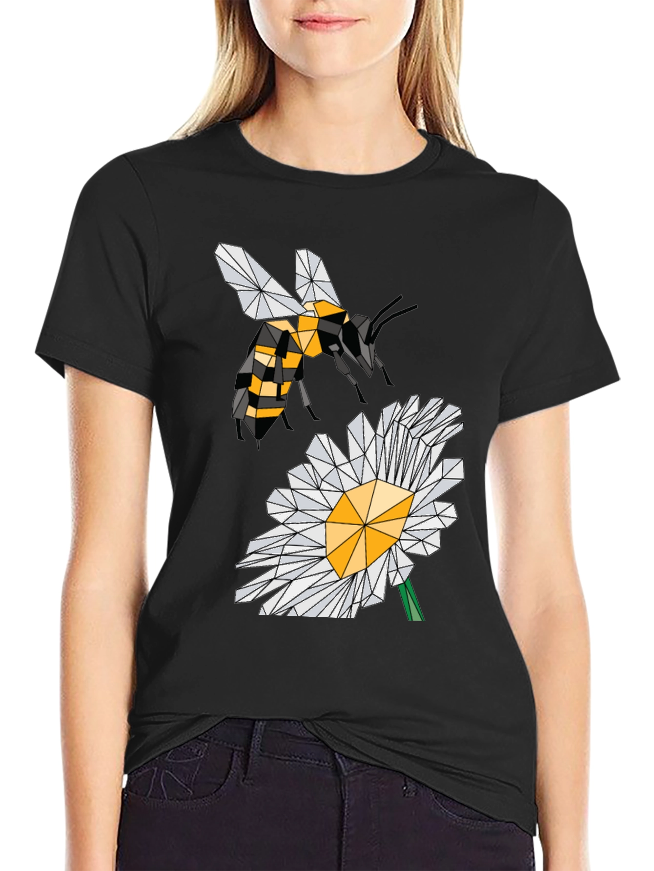 Geometric Bee & Daisy Black T-Shirt