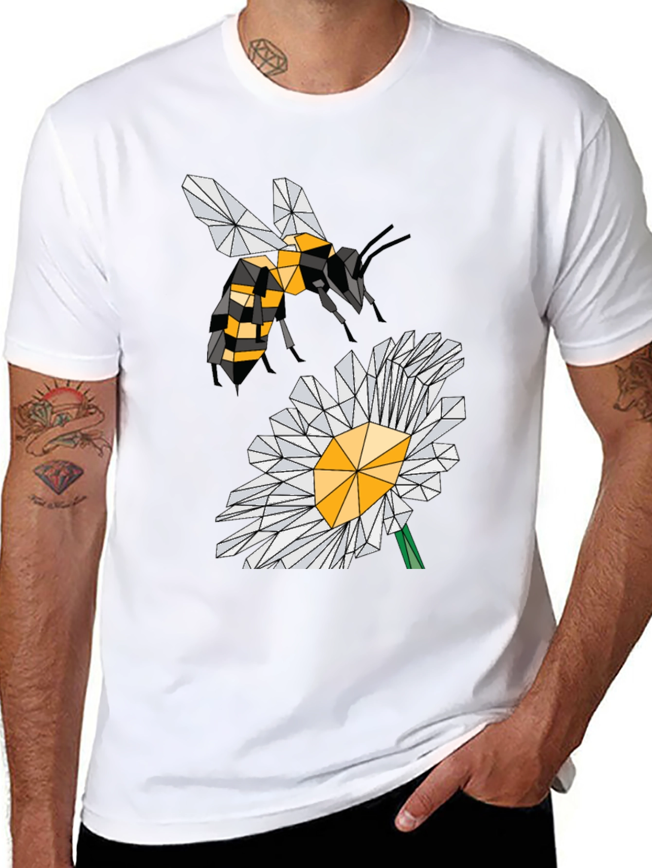 Geometric Bee & Daisy Black T-Shirt