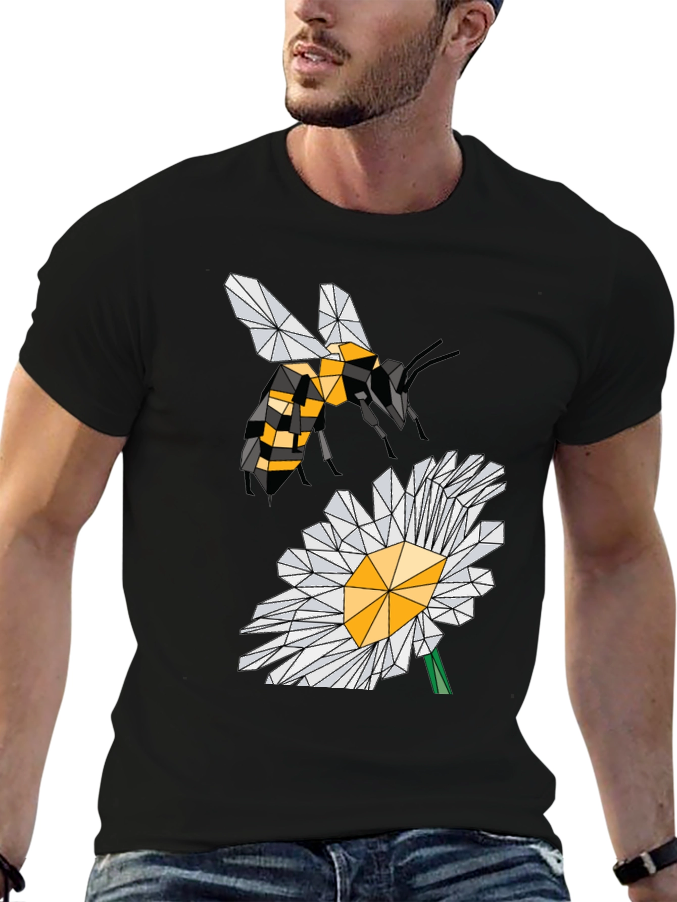 Geometric Bee & Daisy Black T-Shirt
