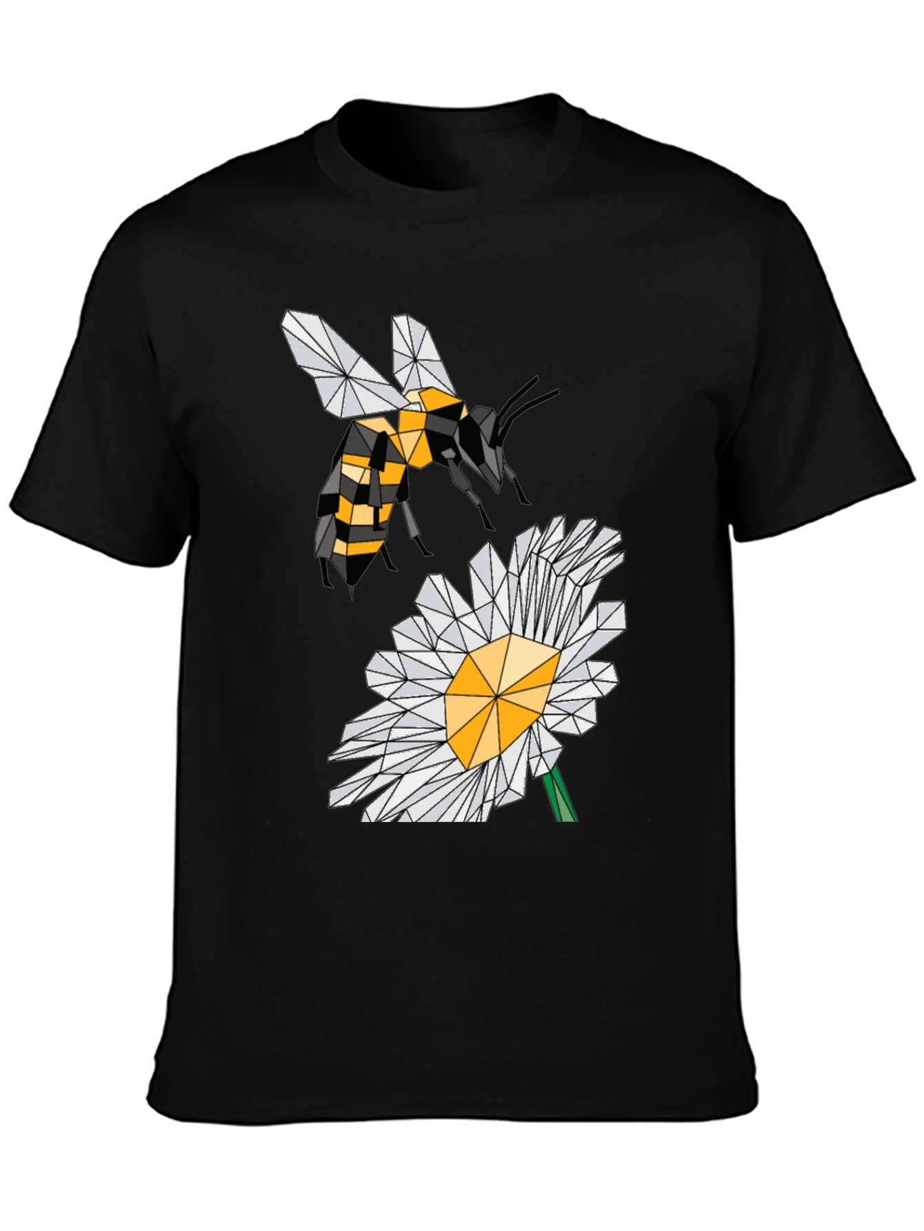 Geometric Bee & Daisy Black T-Shirt