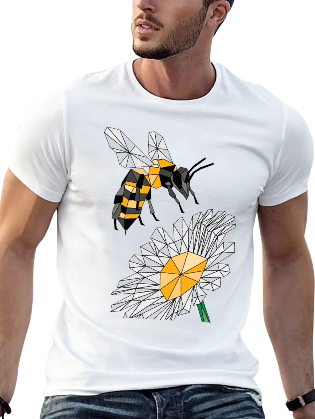 Geometric Bee & Daisy Black T-Shirt