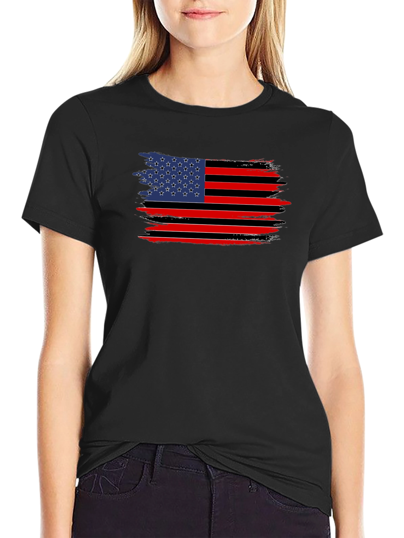 Distressed American Flag Graphic Tee - Black