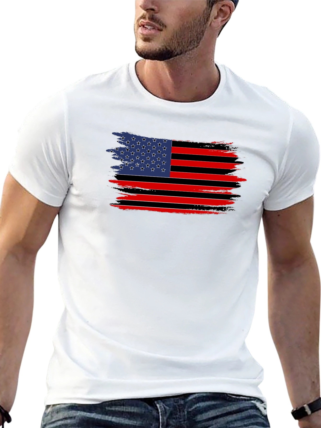 Distressed American Flag Graphic Tee - Black