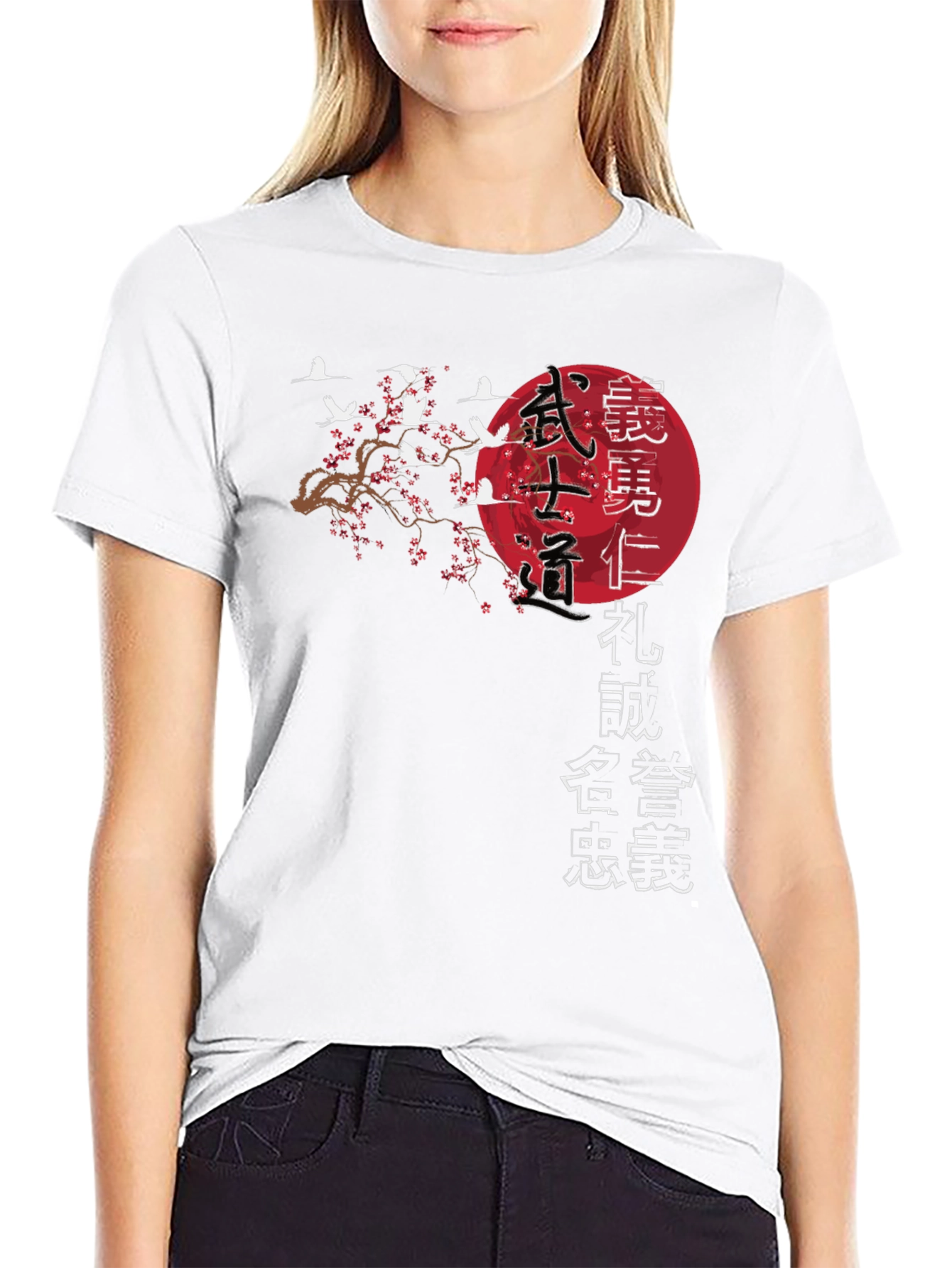 Bushido Code T-Shirt Japanese Samurai Cranes Cherry Blossom