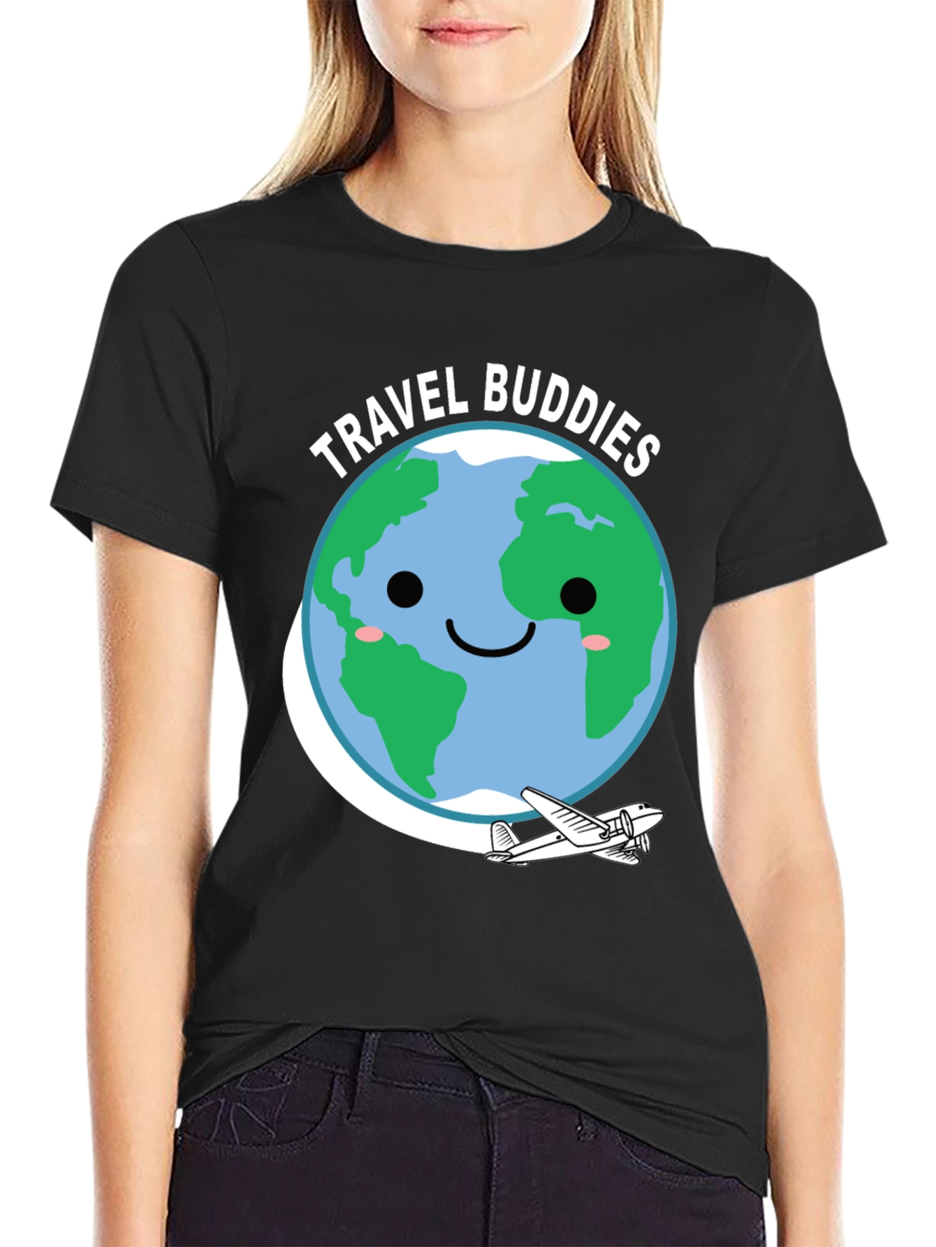 Travel Buddies Graphic Tee - Earth & Airplane Design
