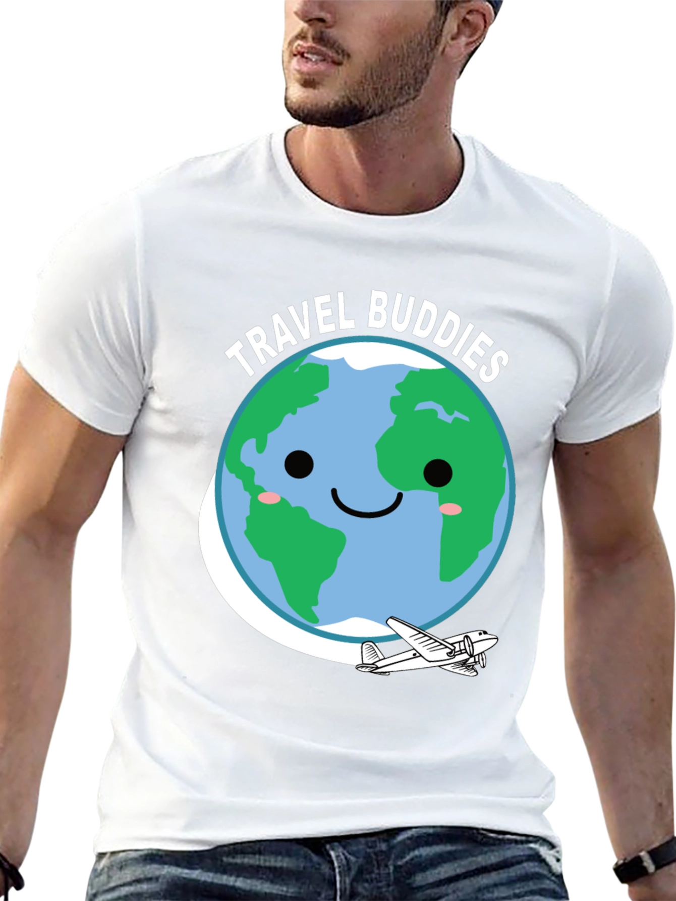 Travel Buddies Graphic Tee - Earth & Airplane Design