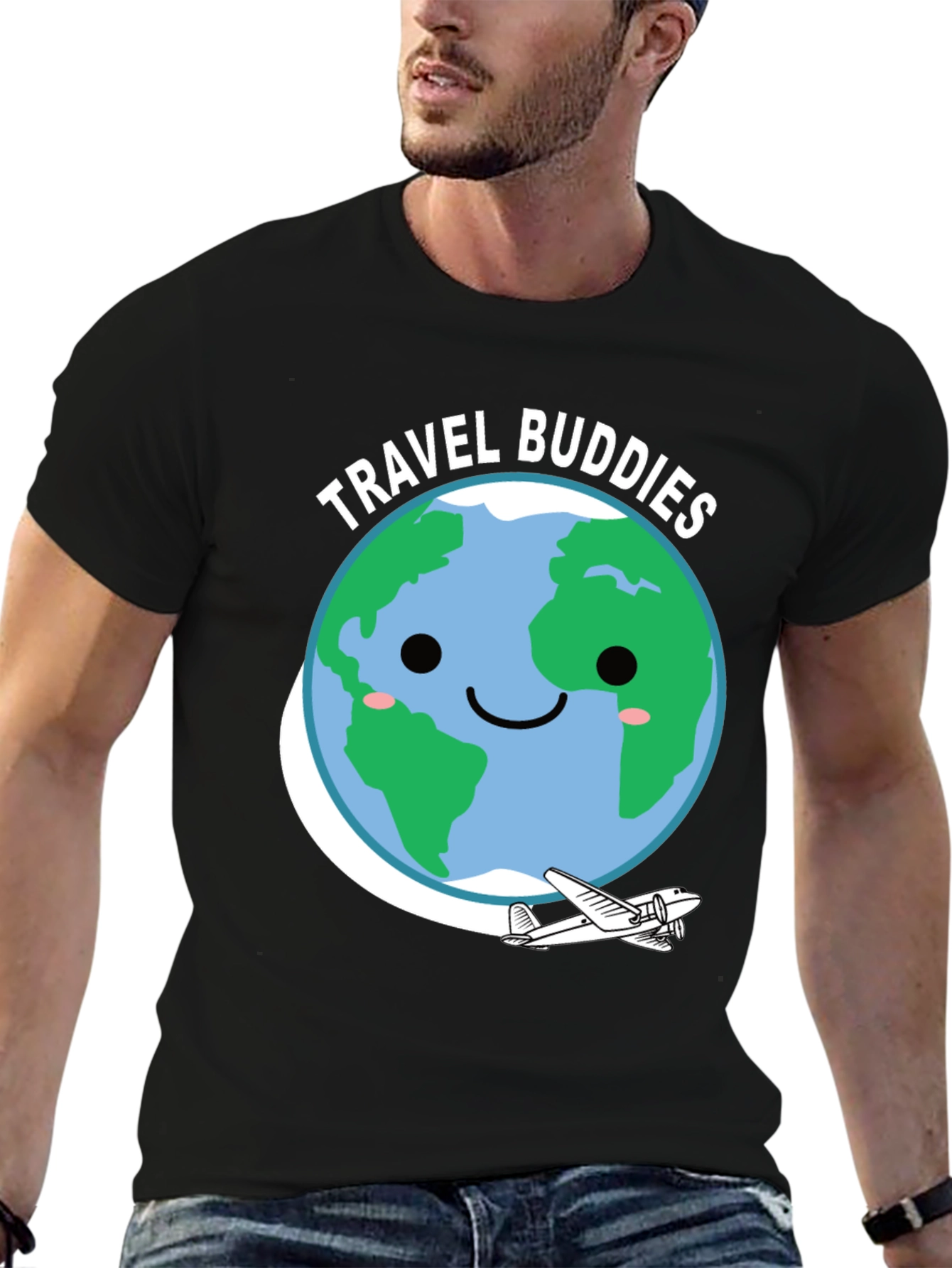 Travel Buddies Graphic Tee - Earth & Airplane Design