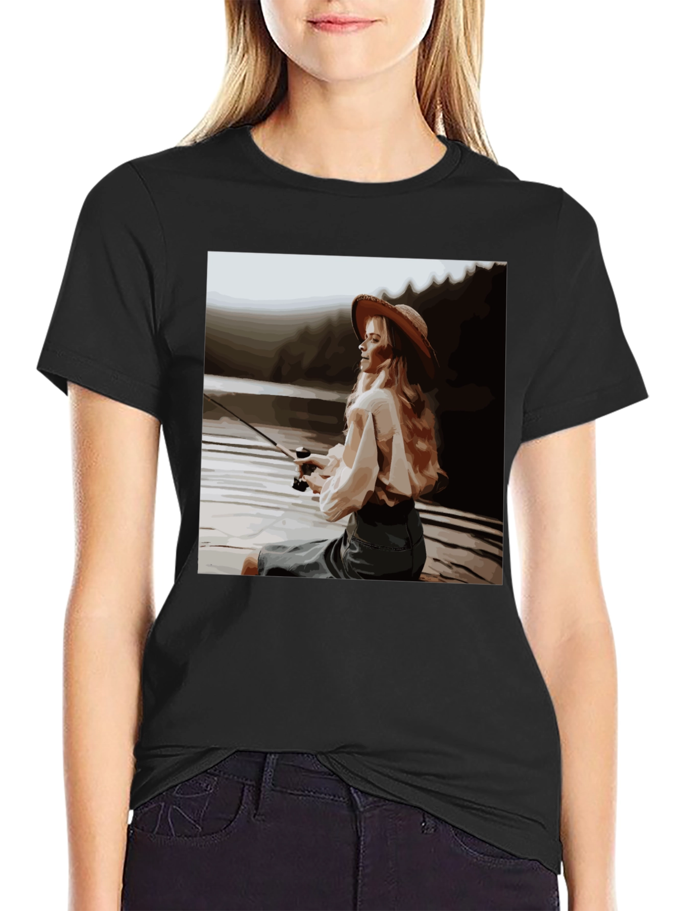 Woman Fishing Graphic Tee - Black Cotton T-Shirt