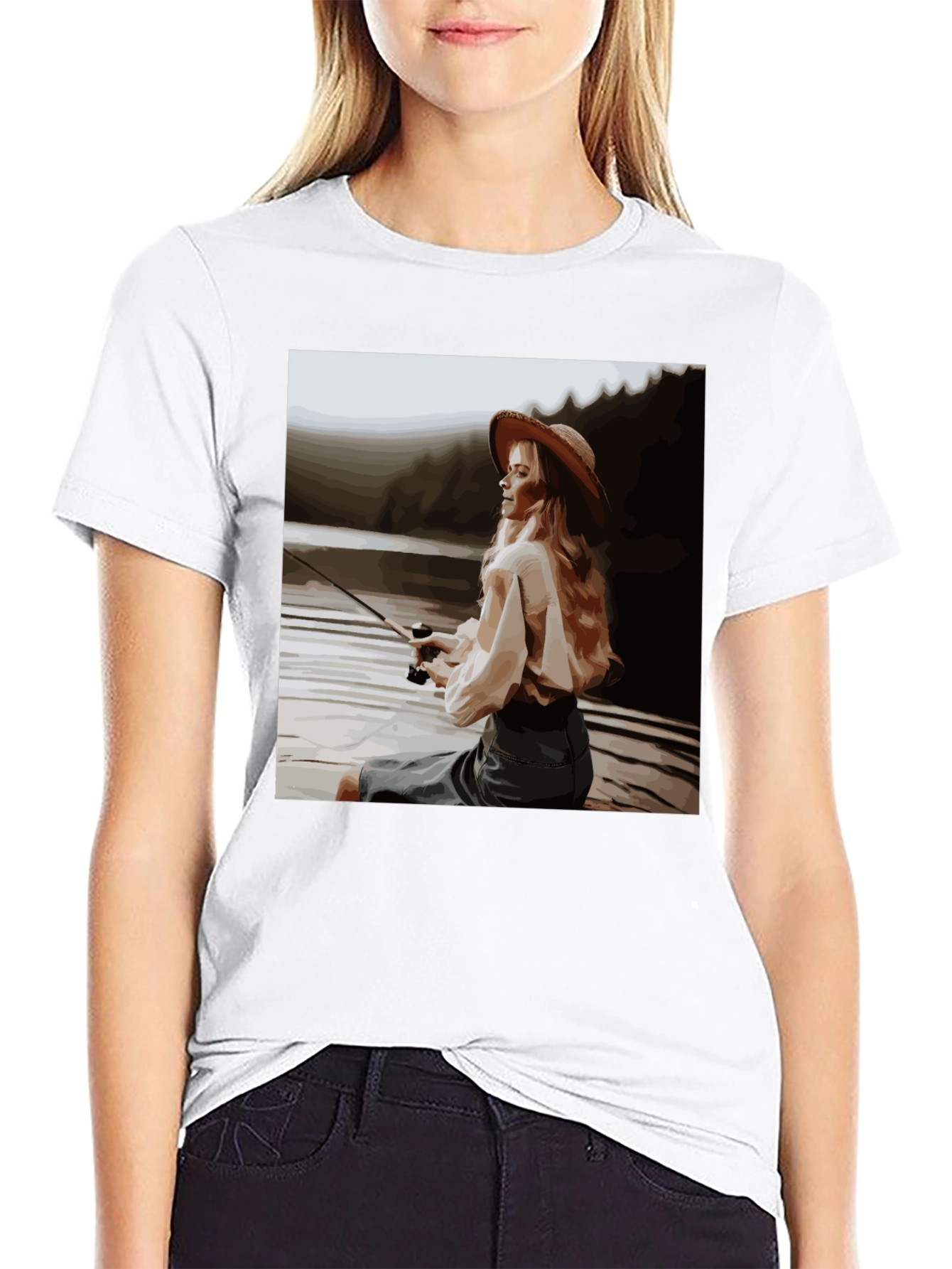 Woman Fishing Graphic Tee - Black Cotton T-Shirt