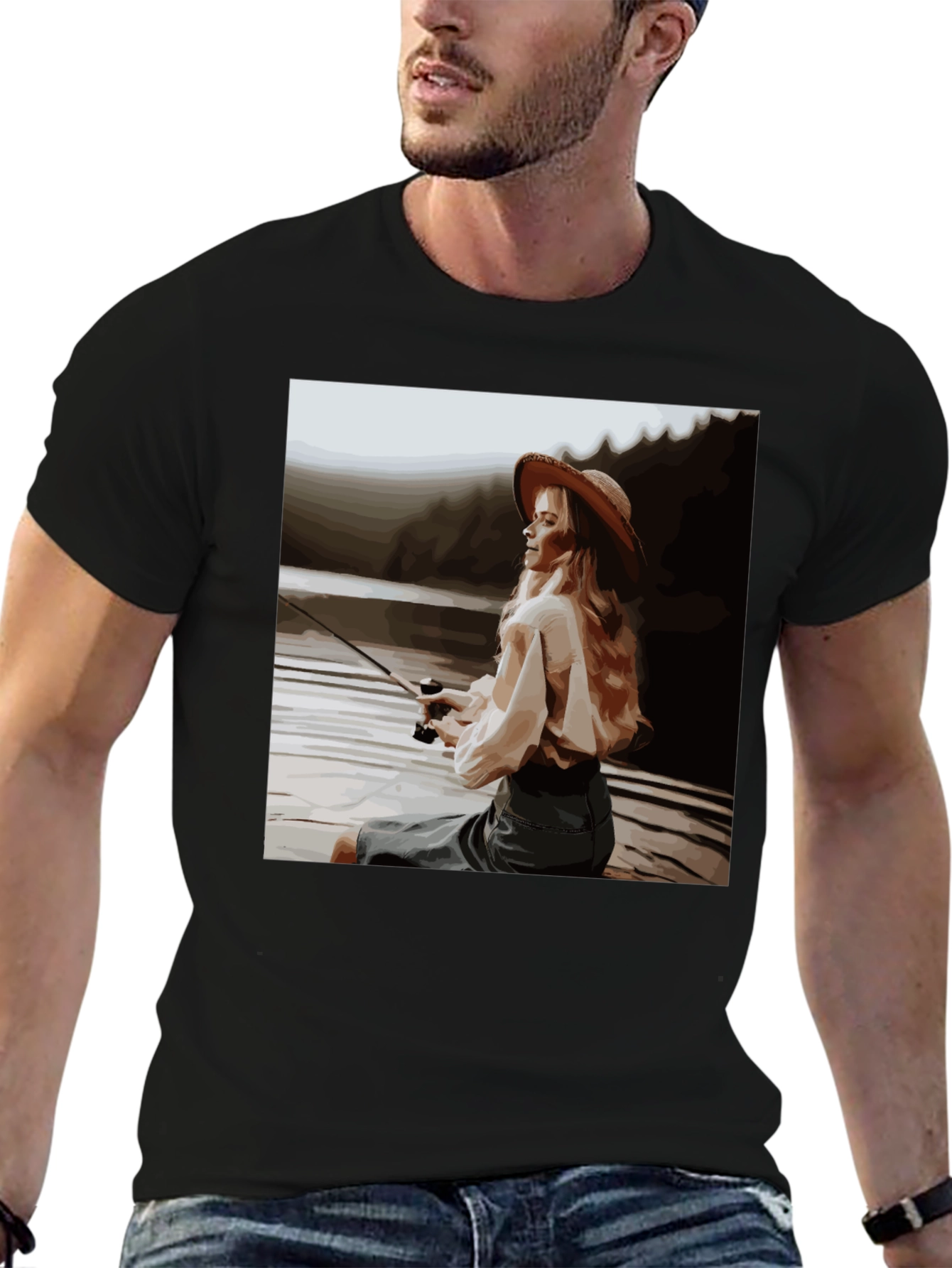 Woman Fishing Graphic Tee - Black Cotton T-Shirt