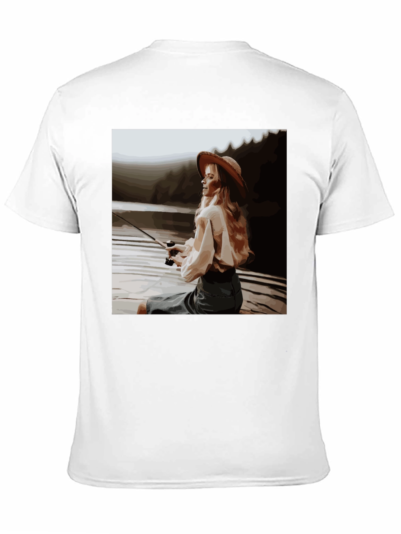 Woman Fishing Graphic Tee - Black Cotton T-Shirt
