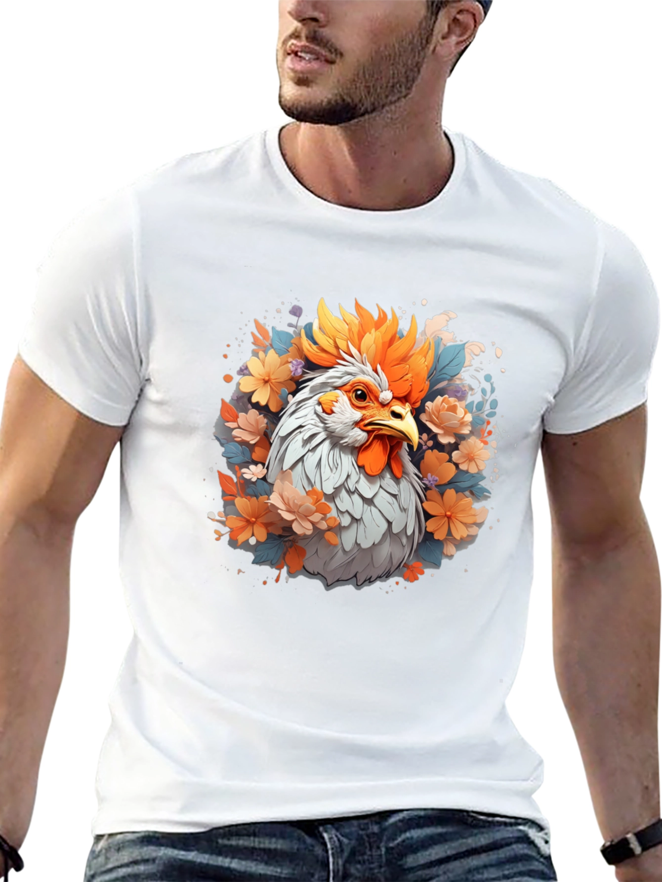 Floral Rooster Graphic Tee - Mens Black T-Shirt