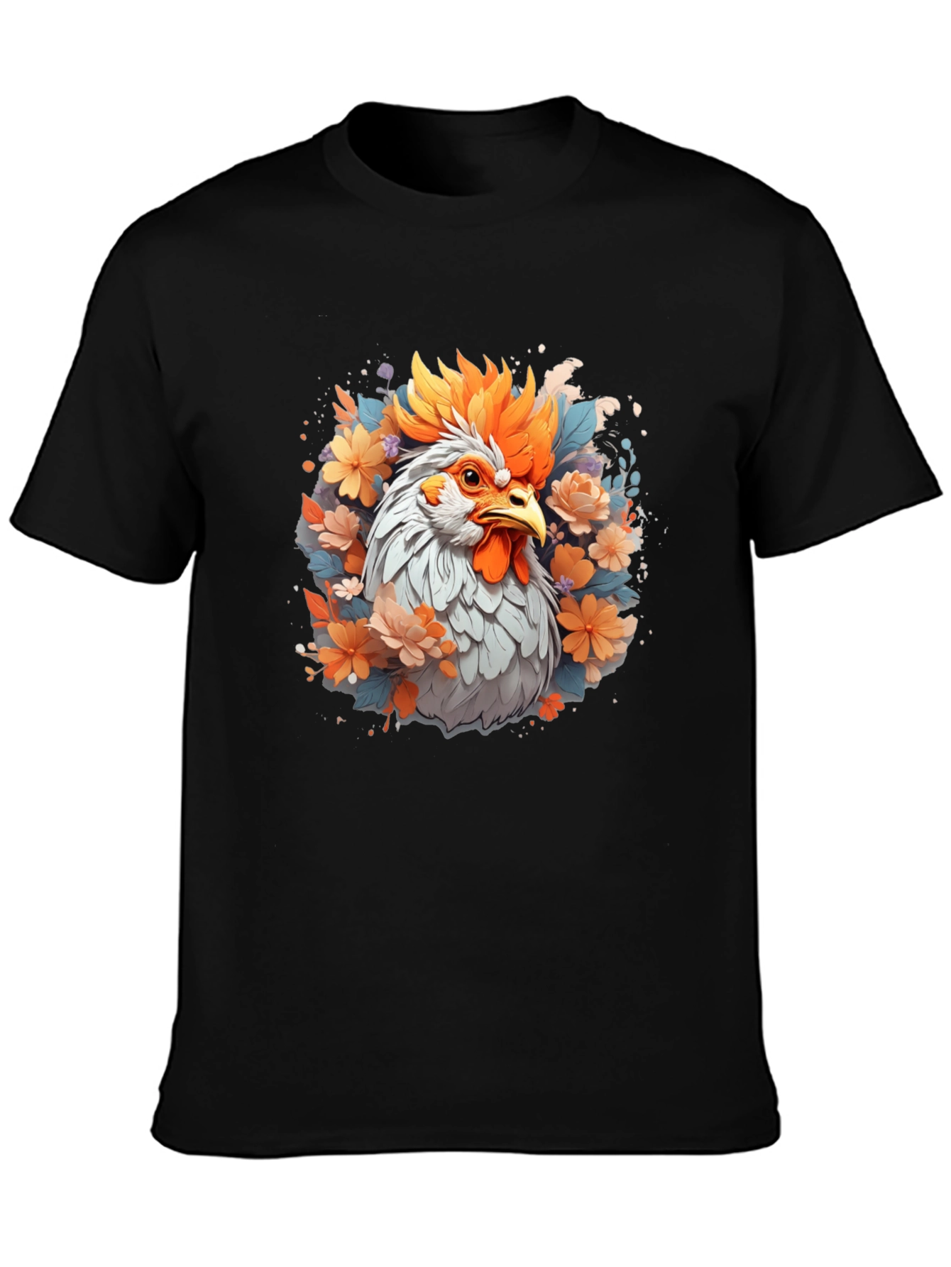 Floral Rooster Graphic Tee - Mens Black T-Shirt