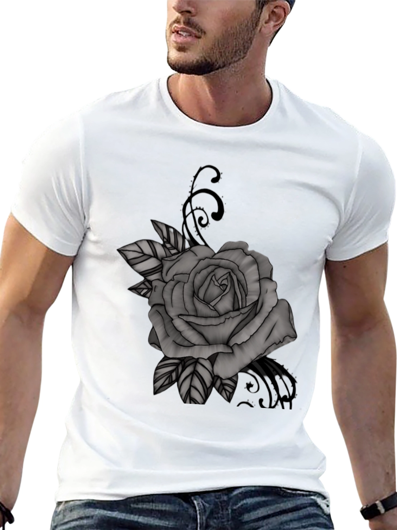 Black T-Shirt with Gray Rose Graphic
