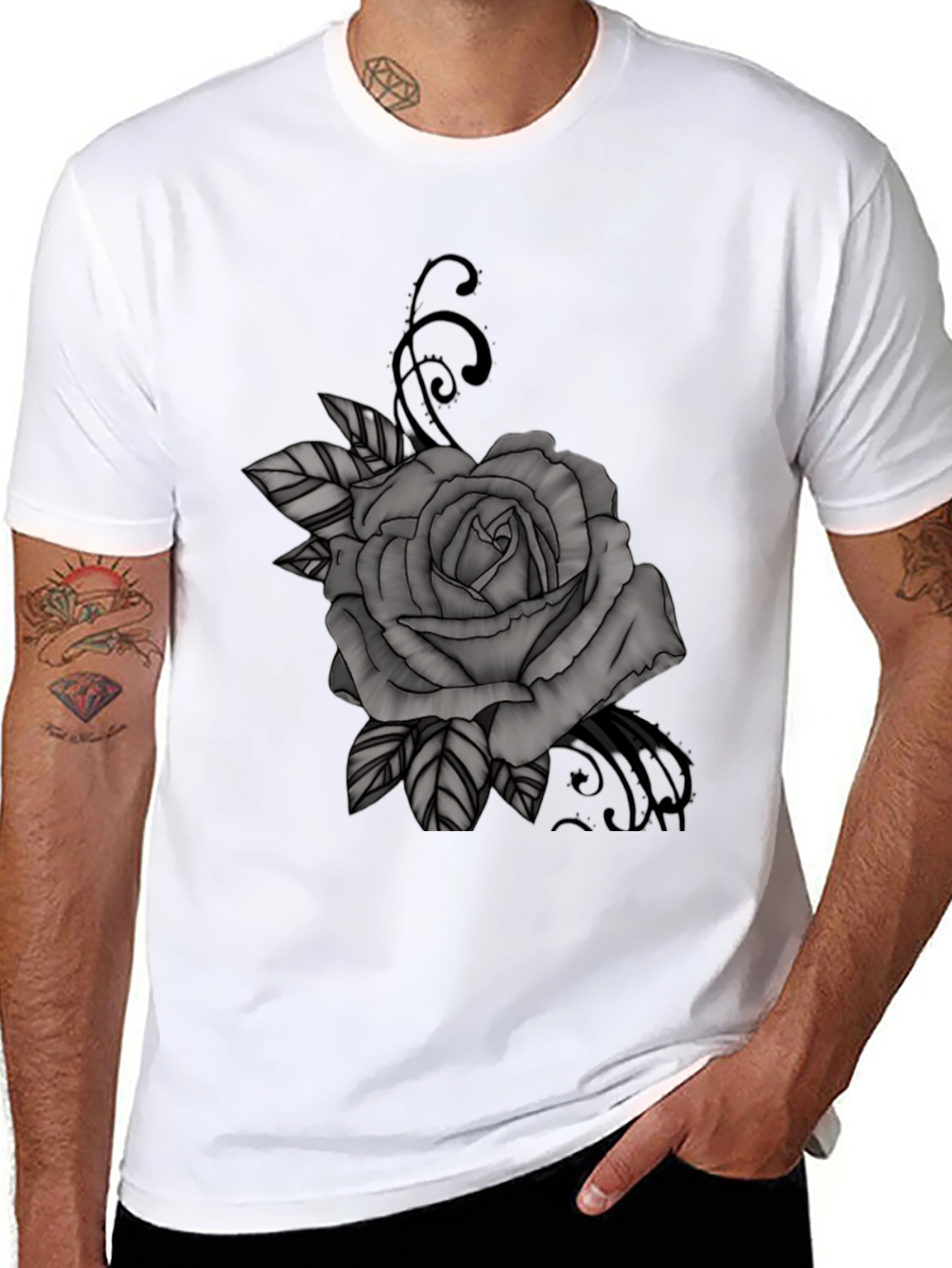 Black T-Shirt with Gray Rose Graphic